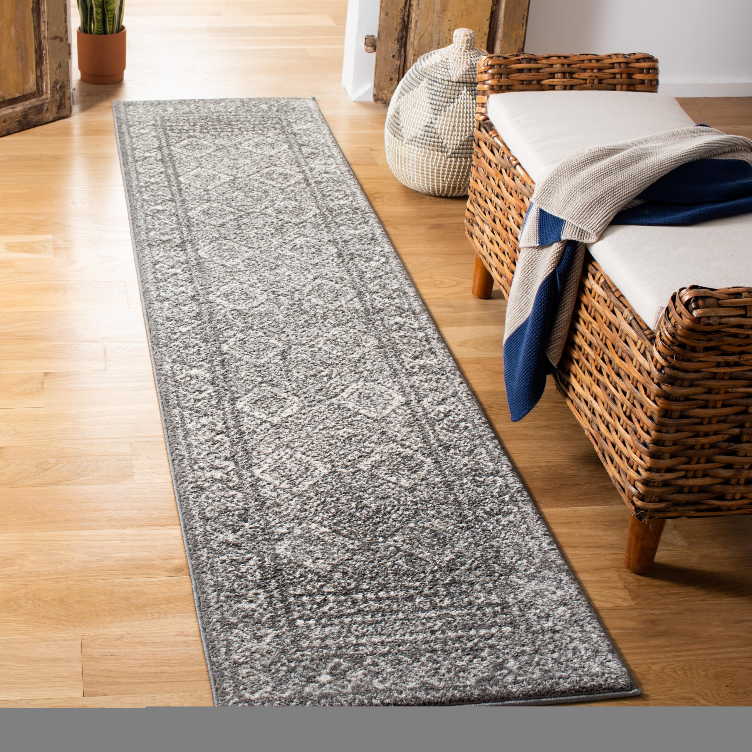 SAFAVIEH Tulum Collection Dark Grey/Ivory TUL264F Moroccan Boho Distressed Non-Shedding Living Room Bedroom Runner Rug, 20 x 13