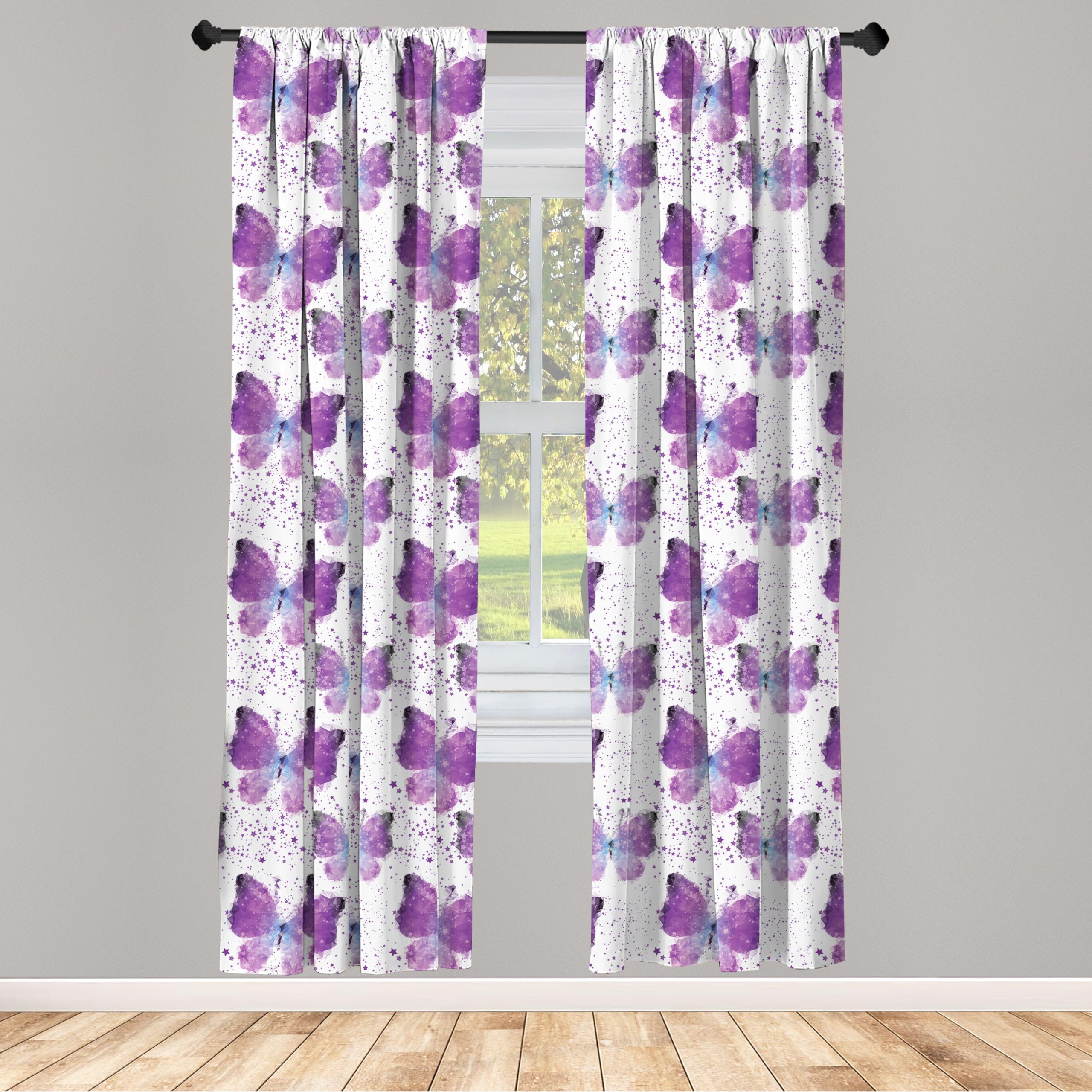 Ambesonne Butterfly Curtains, Surreal Star Patterned Background With Polygonal Butterflies Modern, Window Treatments 2 Panel Set