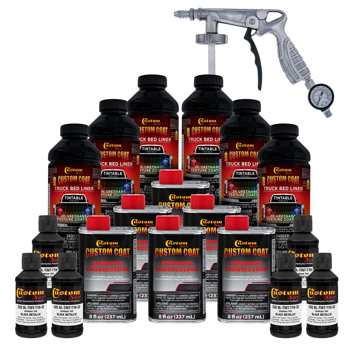 Custom Coat Black Metallic 1.5 Gallon (6 Quart) Urethane Spray-On Truck Bed Liner Kit With Spray Gun And Regulator - Easy Mixing