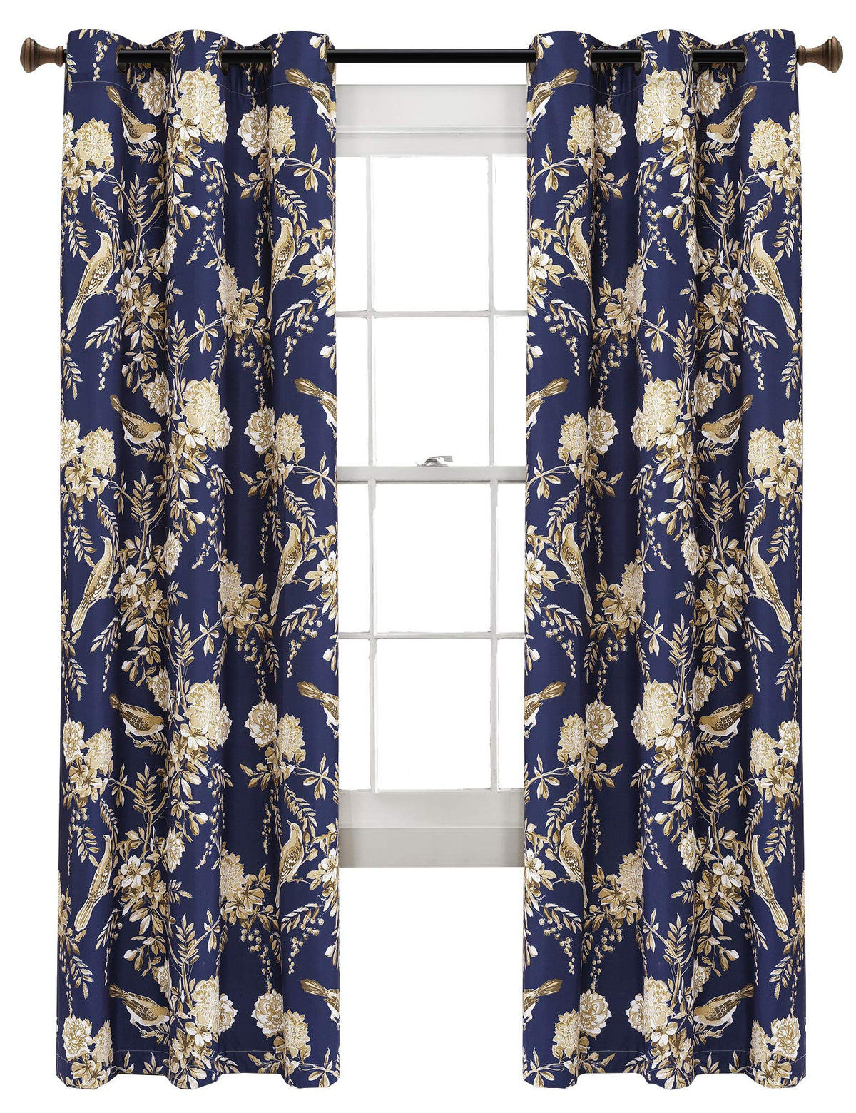 Lush Decor, Navy and Taupe Farmhouse Bird and Flower Insulated Grommet Blackout Window Curtain Panel Pair, 84 x 38