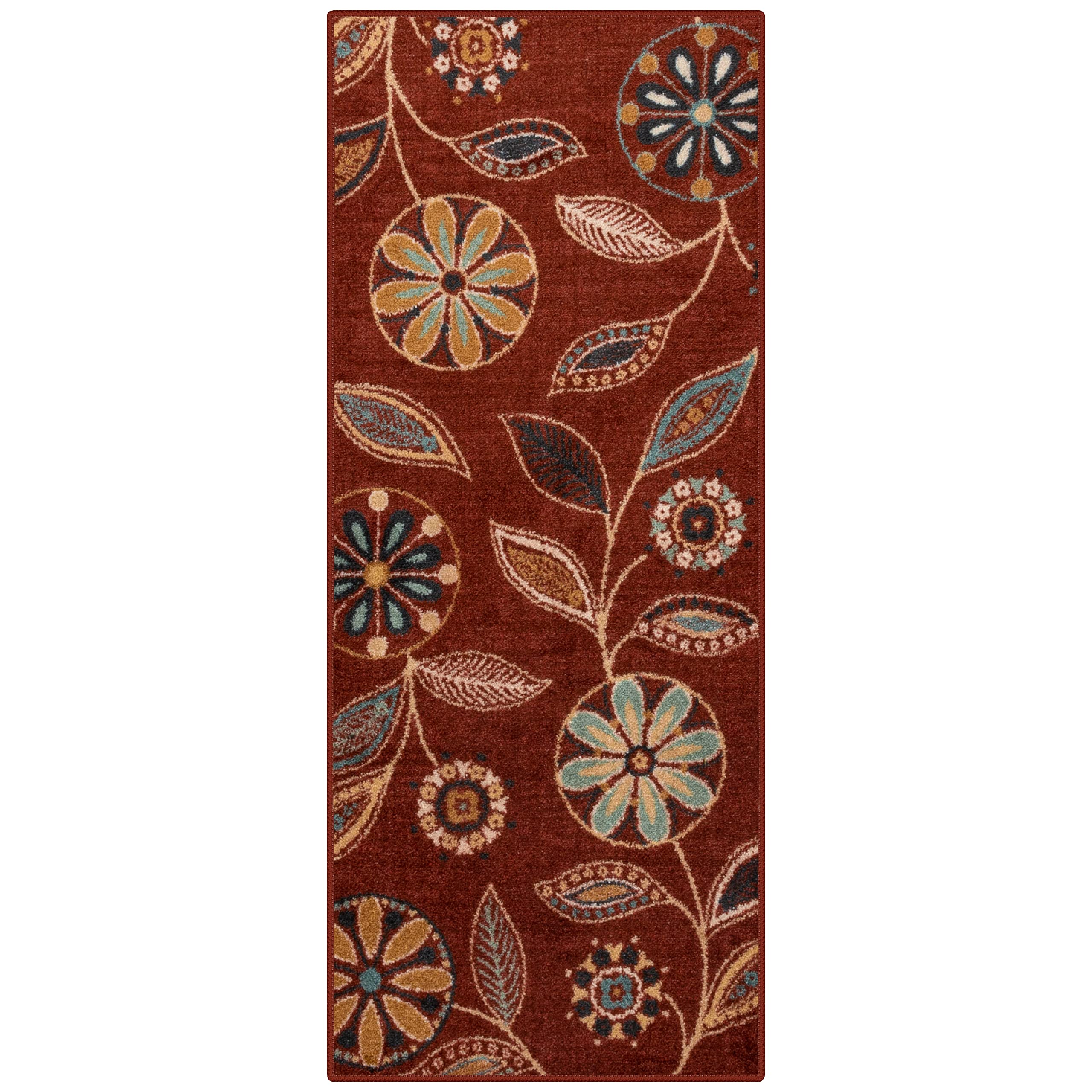 Maples Rugs Reggie Floral Runner Rug Non Skid Washable Hallway Entry Carpet [Made in USA], Merlot, 26 x 6