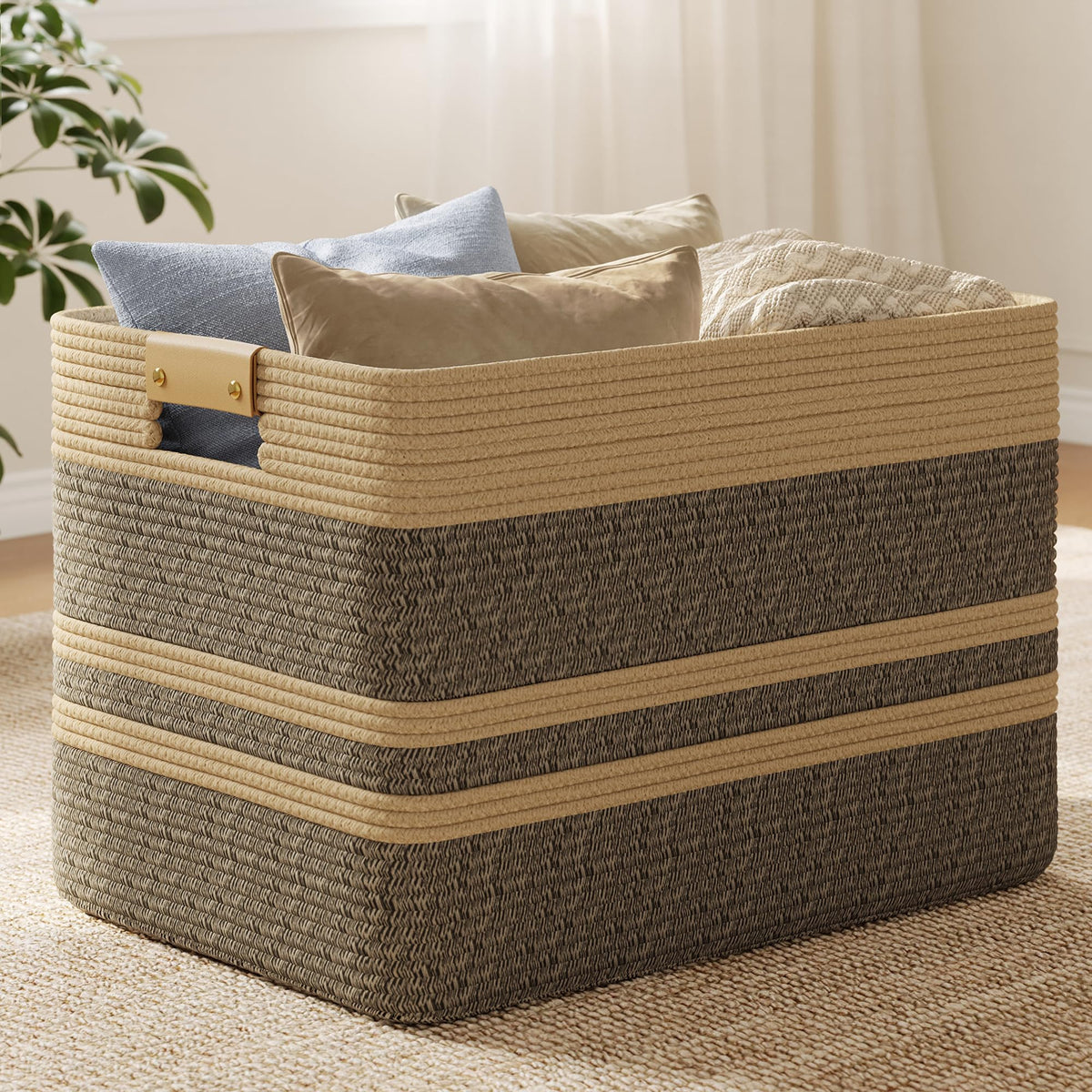 Nunsino 96L Woven Blanket Basket with Leather Handles, Cotton Rope Laundry Basket Hamper,Decorative Nursery Basket Toy Storage B