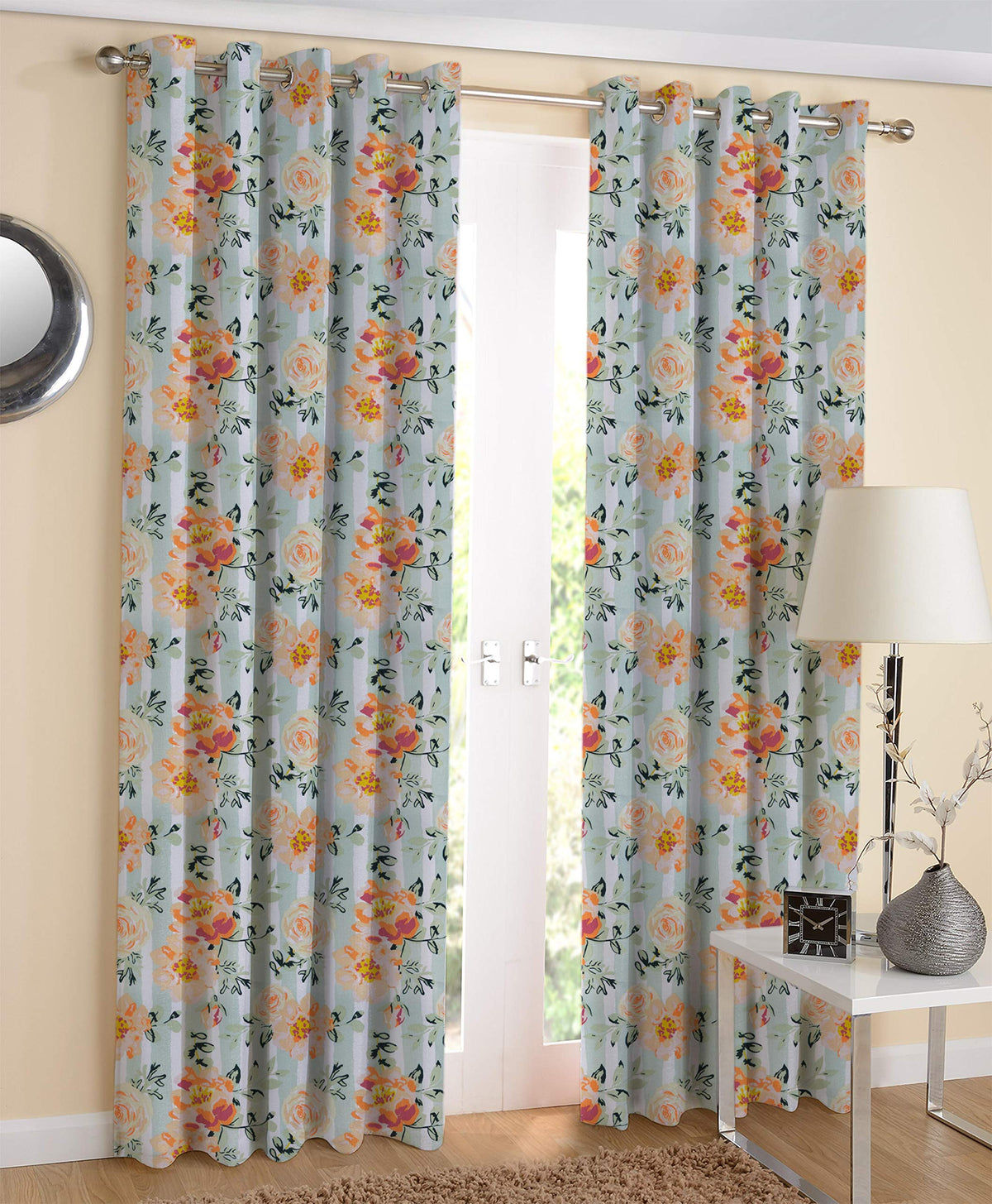 AIRWILL Cotton Stella Designed Floral Printed Curtains (4 x 9fts  Long Door, GreenOrange)  Pack of 2 pcs