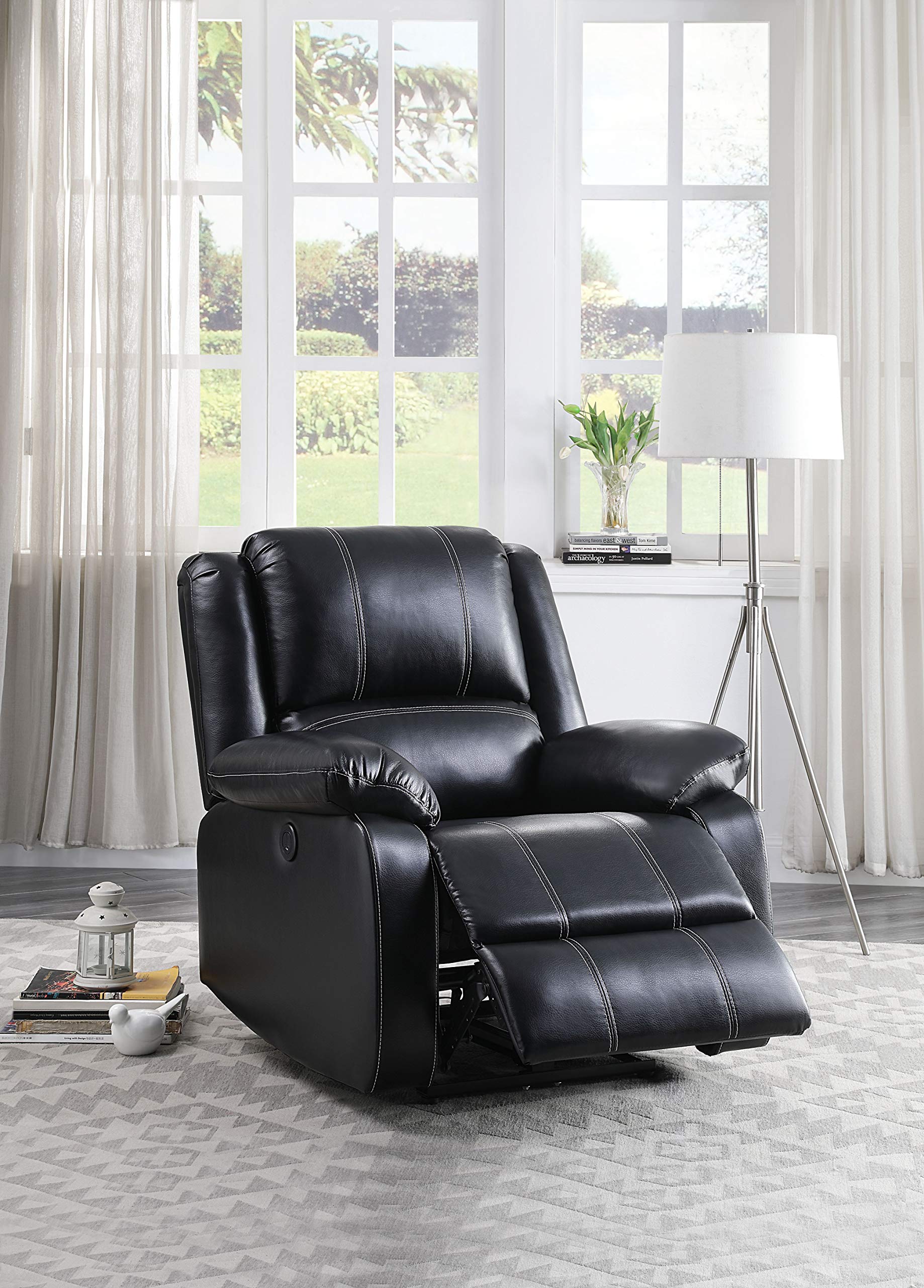 Acme Zuriel Faux Leather Power Recliner with Pillow Top Armrest in Black