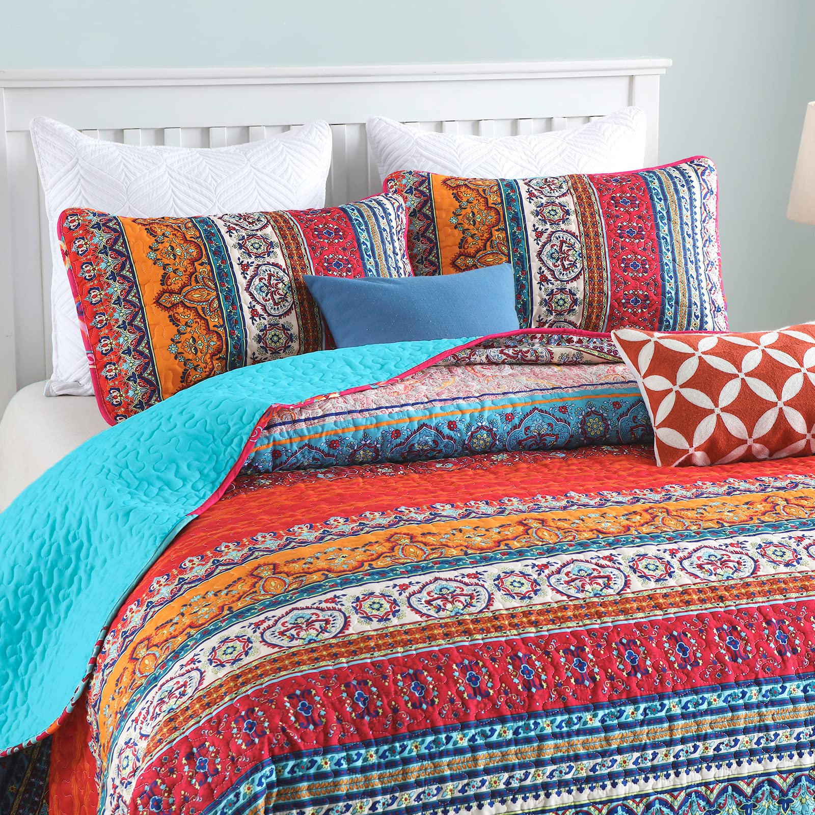 Wongs Bedding Bohemian Quilt Set King Size, Boho Striped Printed Quilts Bedspread Set For All Seasons, Lightweight Microfiber Co