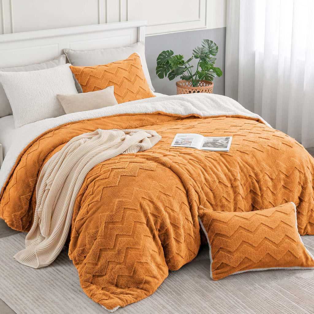Bedelite Fluffy King Size Comforter Set - Super Soft Sherpa Burnt Orange Comforter For King Size Bed, Luxury Warm Bedding Set Fo