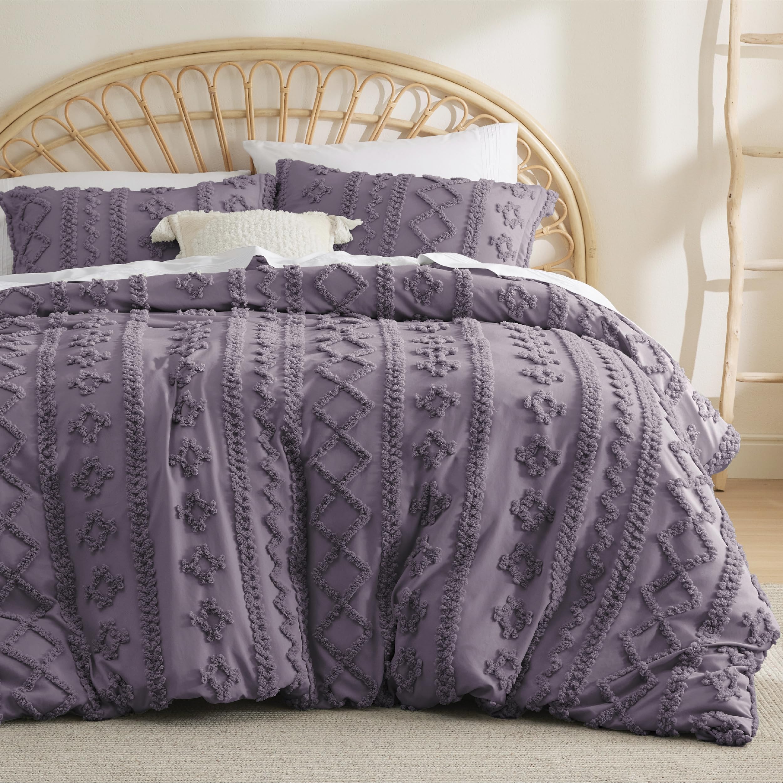 Bedsure Boho Duvet Cover King Size - Tufted Duvet Cover King Size For All Seasons, 3 Pieces Soft Shabby Chic Embroidery Boho Bedding Duvet Cover For Gifts (Grayish Purple, King, 104X90)