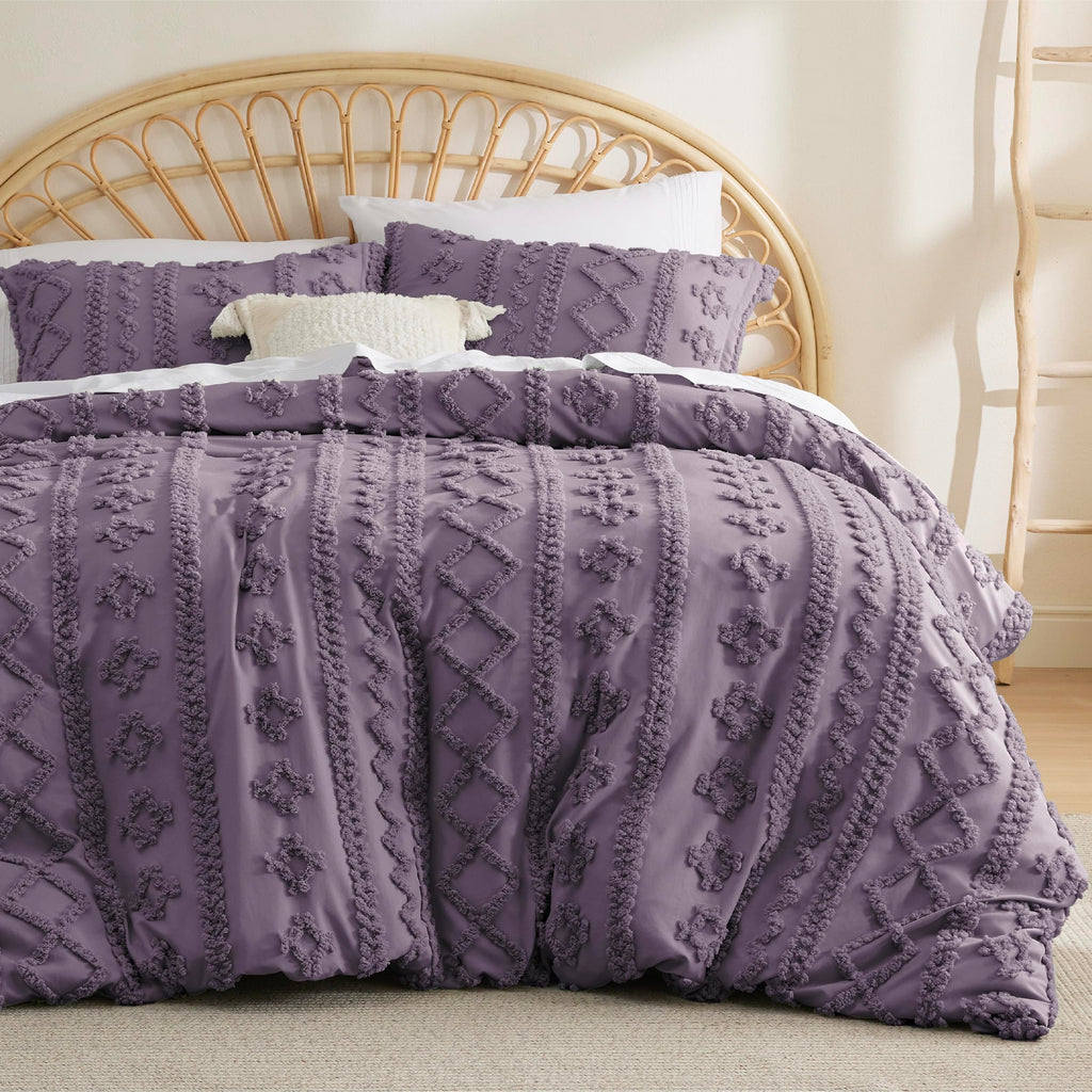 Bedsure Boho Duvet Cover Queen Size - Tufted Duvet Cover Queen Set For All Seasons, 3 Pieces Soft Shabby Chic Embroidery Boho Bedding, Comforter Not Included (Grayish Purple, 90' X 90')