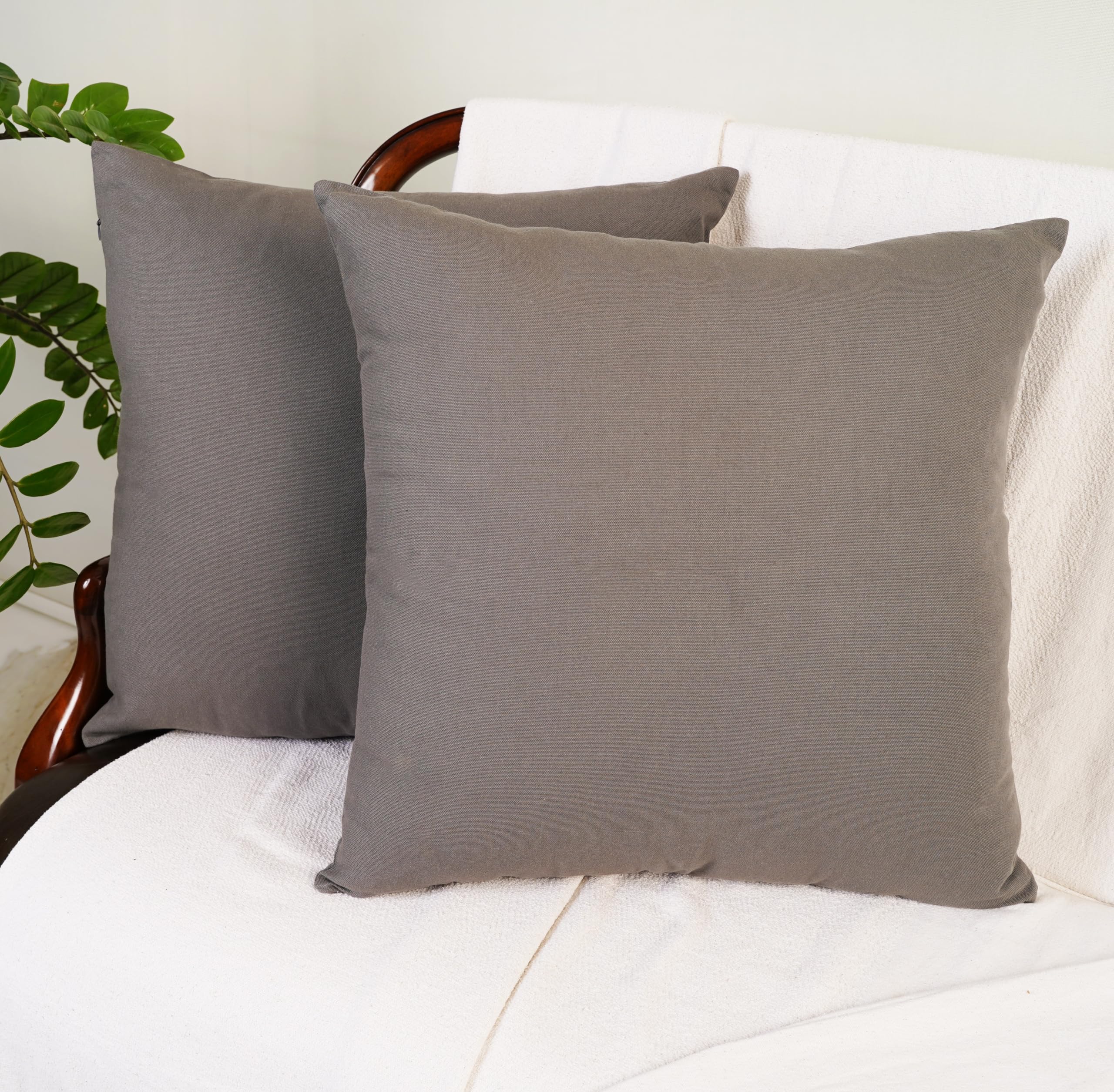 Cotton Throw Pillow Covers 20X20 Inchs Set Of 2 Gray Charcoal Decorative Zippered Cases For Couch Bedroom Sofa Farmhouse Living
