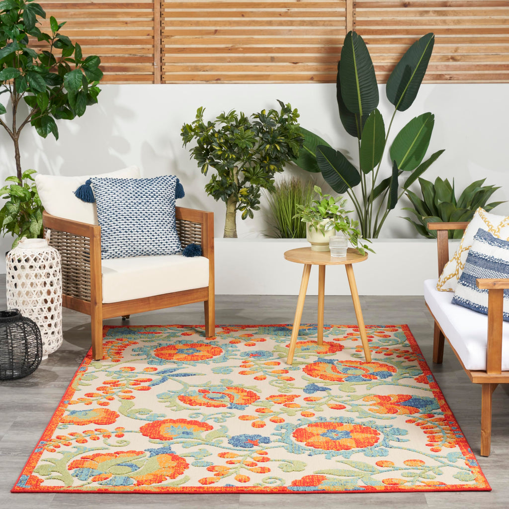 Nourison Aloha Indoor Outdoor Red Multicolor 6' X 9' Area Rug, Easy Cleaning, Non Shedding, Bed Room, Living Room, Dining Room, Backyard, Deck, Patio (6X9)