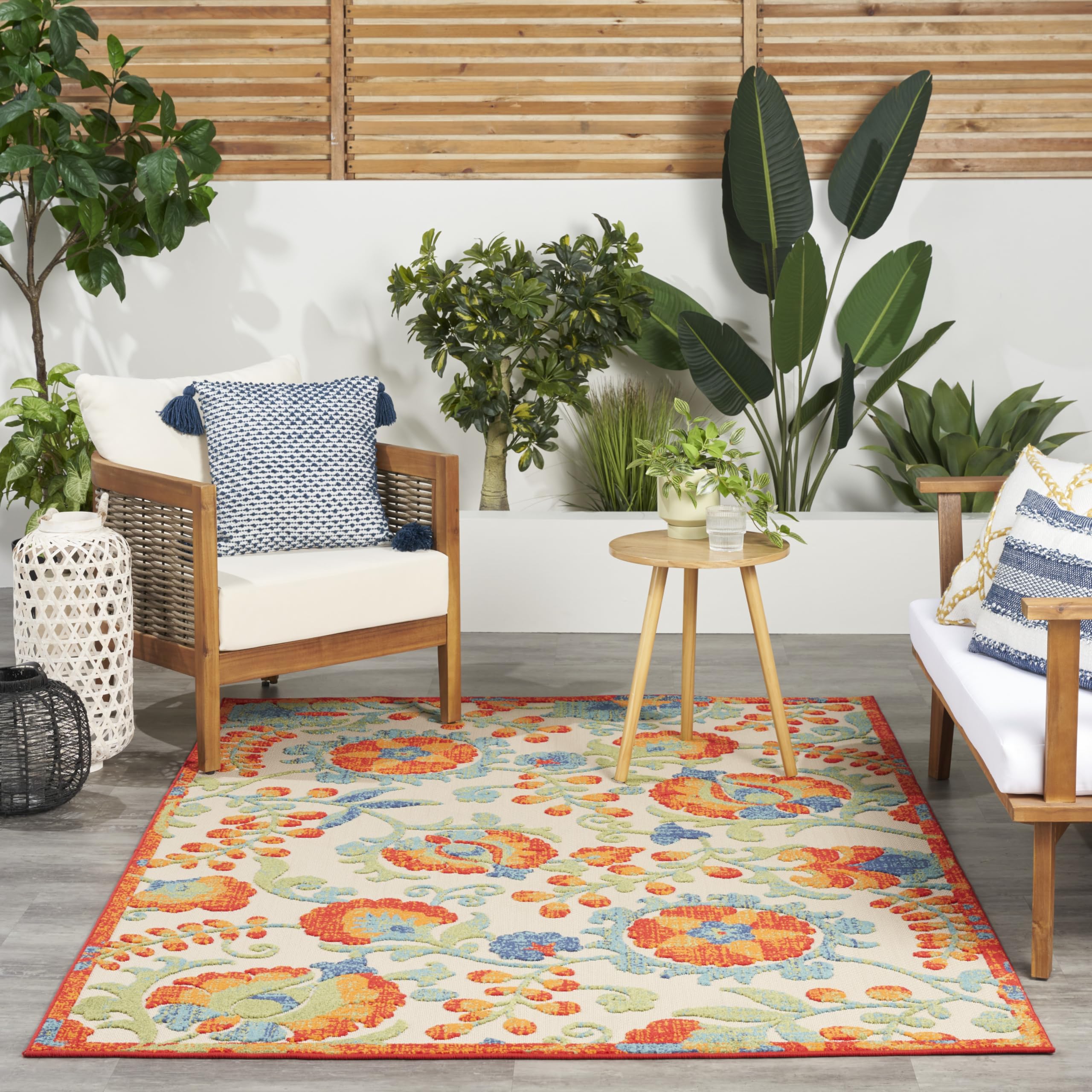 Nourison Aloha Indoor Outdoor Red Multicolor 6' X 9' Area Rug, Easy Cleaning, Non Shedding, Bed Room, Living Room, Dining Room, Backyard, Deck, Patio (6X9)