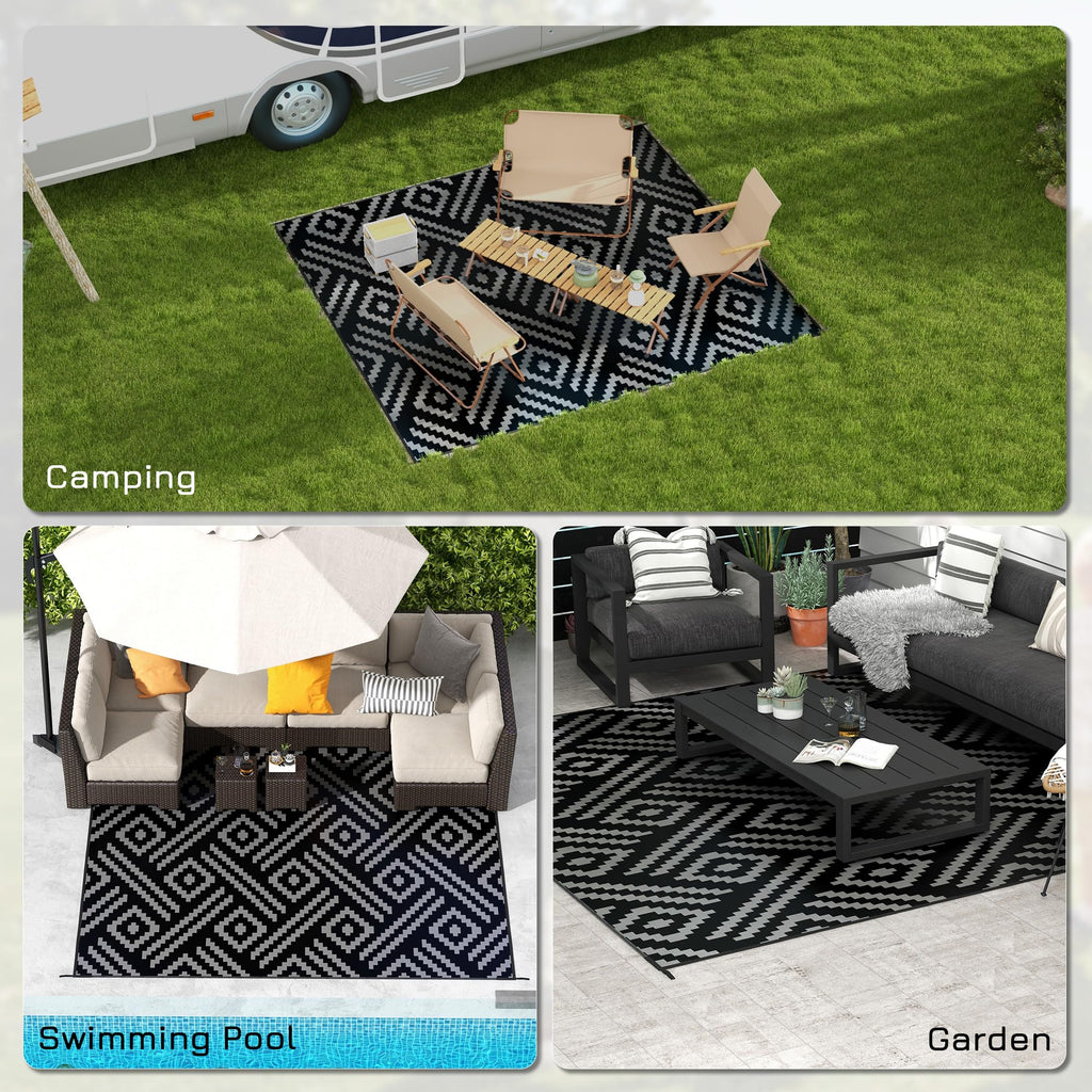 Outsunny Reversible Outdoor Rug, 8' X 10' Waterproof Plastic Straw Floor Mat, Portable Rv Camping Carpet, Large Floor Mat For Backyard, Deck, Picnic, Beach, Black & Gray Geometric