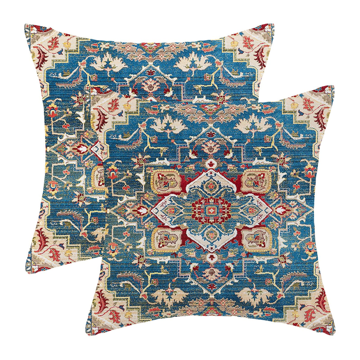 Boho Pillow Covers 18X18 Set Of 2, Ethnic Design Boho Decorative Throw Pillows Linen Blue Red Carpet Pattern Farmhouse Bohemian
