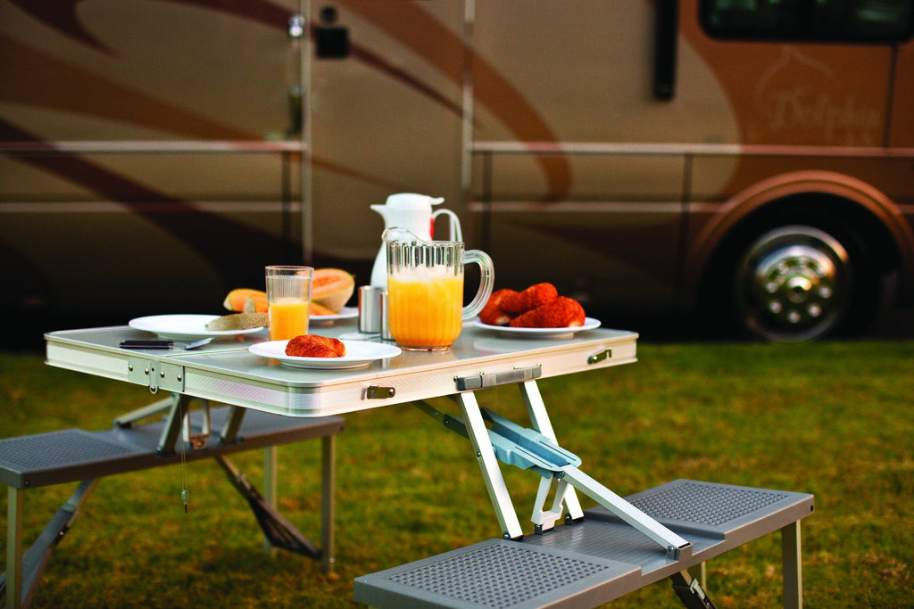 Oniva - A Picnic Time Brand - Aluminum Folding Picnic Table - Camping Table - Outdoor Table With Umbrella Hole, (Silver), 36 X 5 X 18