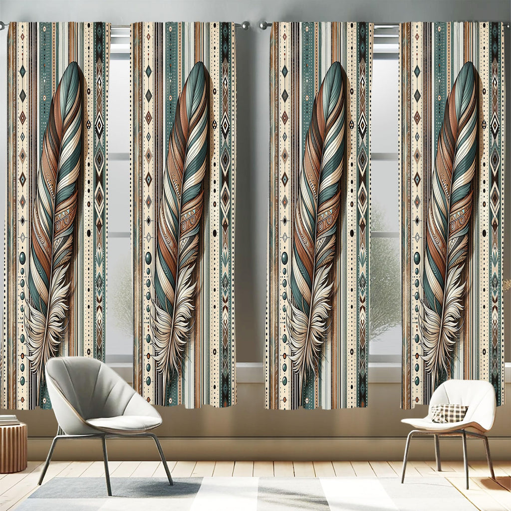 Ambesonne Bohemian Window Curtains Pack of 2, Bold and Big Feather Motif on Southwestern Inspired Striped Print, Lightweight Set