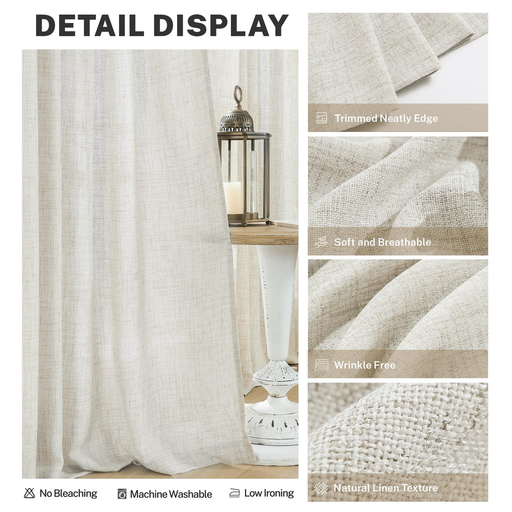 Meetbily Natural Linen Curtains 108 Inches Long For Living Room 2 Panel Set Back Tab Pocket Light Filtering Privacy Semi Sheer F