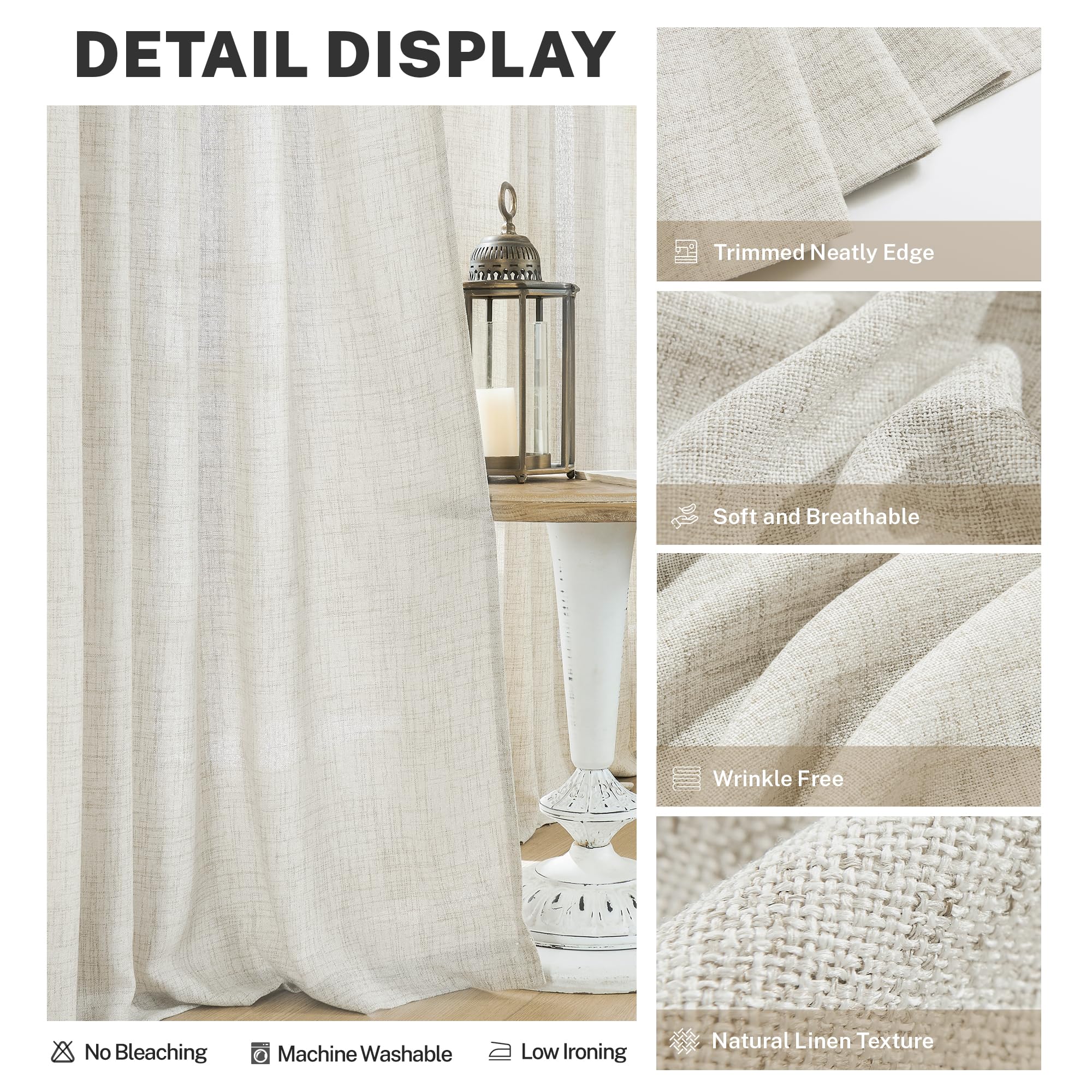 Meetbily Natural Linen Curtains 108 Inches Long For Living Room 2 Panel Set Back Tab Pocket Light Filtering Privacy Semi Sheer F