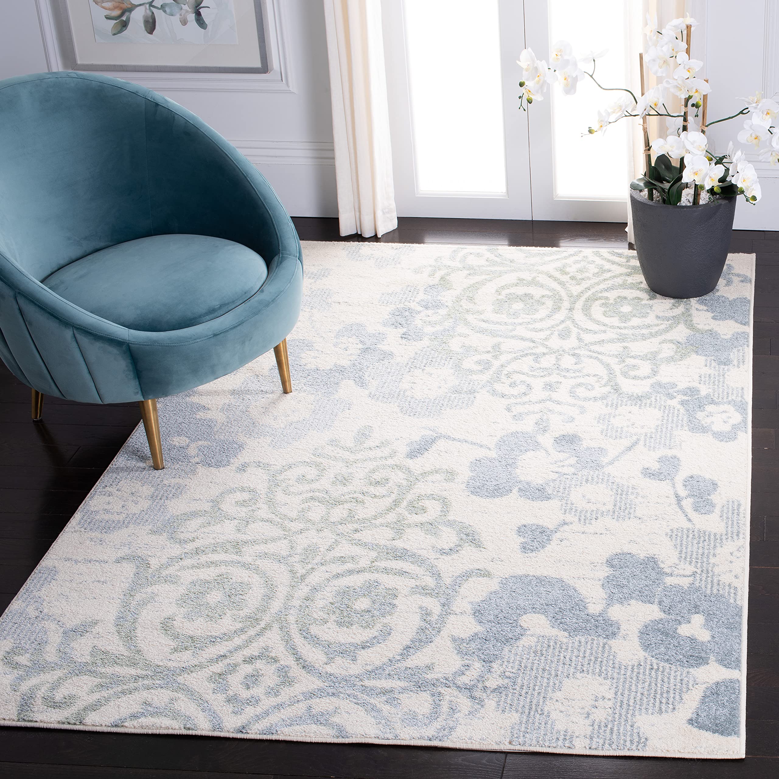 SAFAVIEH Adirondack Collection Accent Rug - 45 x 65, Ivory & Blue, Floral Glam Distressed Design, Non-Shedding & Easy Care, Id