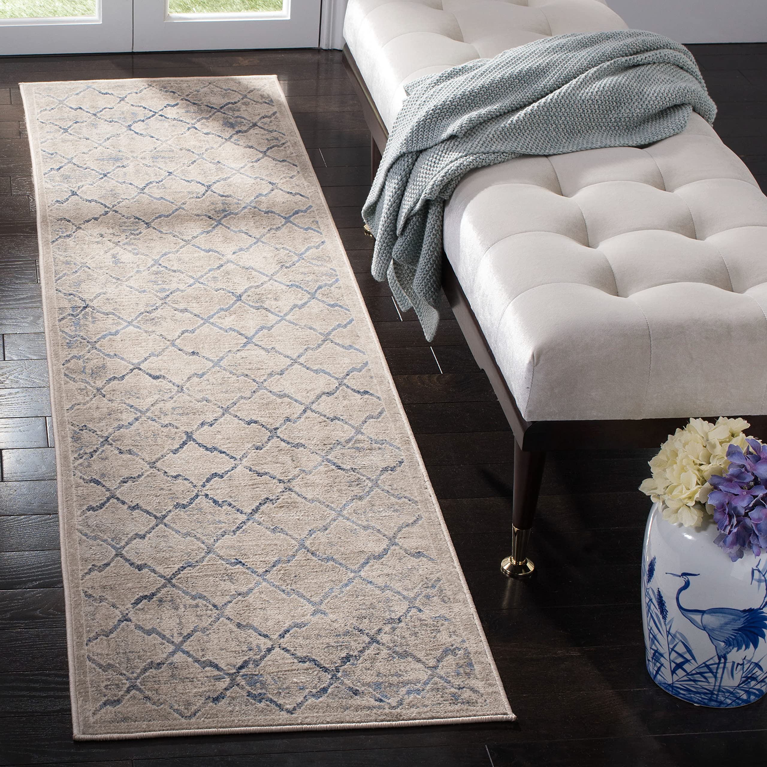 SAFAVIEH Brentwood Collection 2 x 10 Light Grey/Blue BNT809G Trellis Distressed Non-Shedding Living Room Entryway Foyer Hallwa