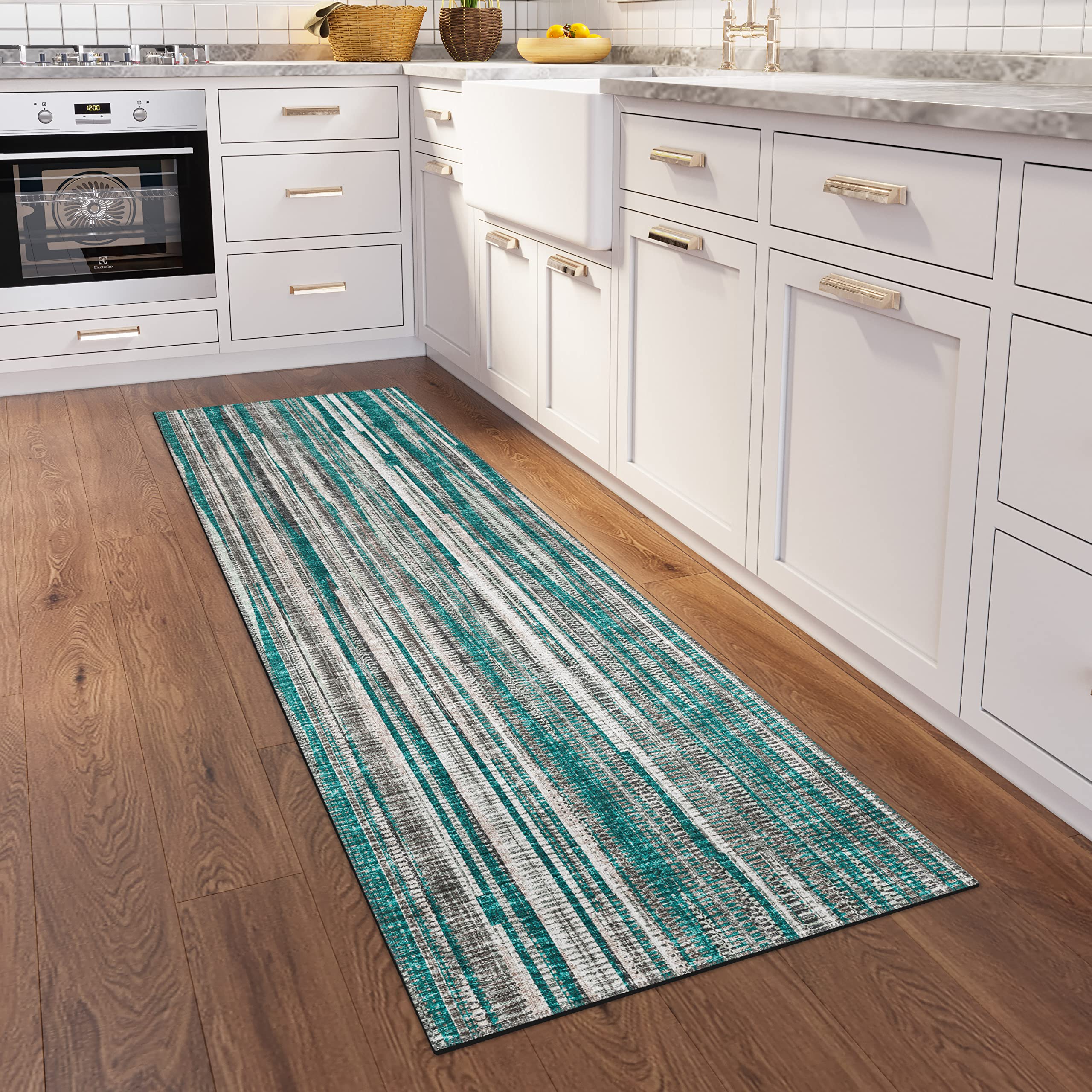 Addison Rugs Waverly 2'3" X 7'6" Awa31 Peacock Indoor Outdoor Hallway Runner Rug, Stain Resistant Carpet For Bathroom, Laundry, Easy Clean, Machine Washable, Non Shedding, Living Room, Dining Room