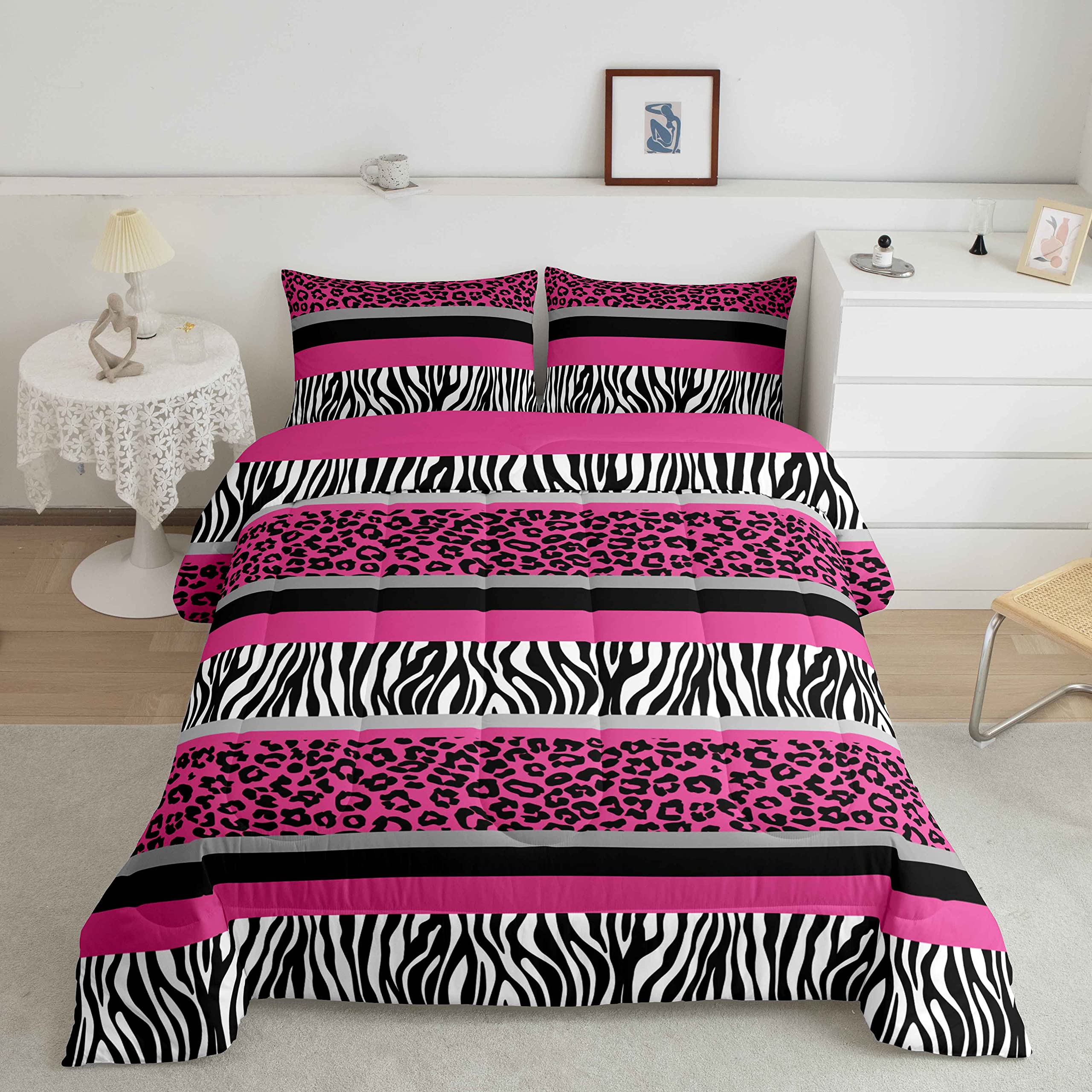 Zebra Stripes Comforter Leopard Print Comforter Set For Kids Boys Girls Pink Black White Zebra Leopard Fur Bedding Set Ultra Soft Decor Wild Animal Skin Texture Pattern Duvet Set Twin Size Quilt Set