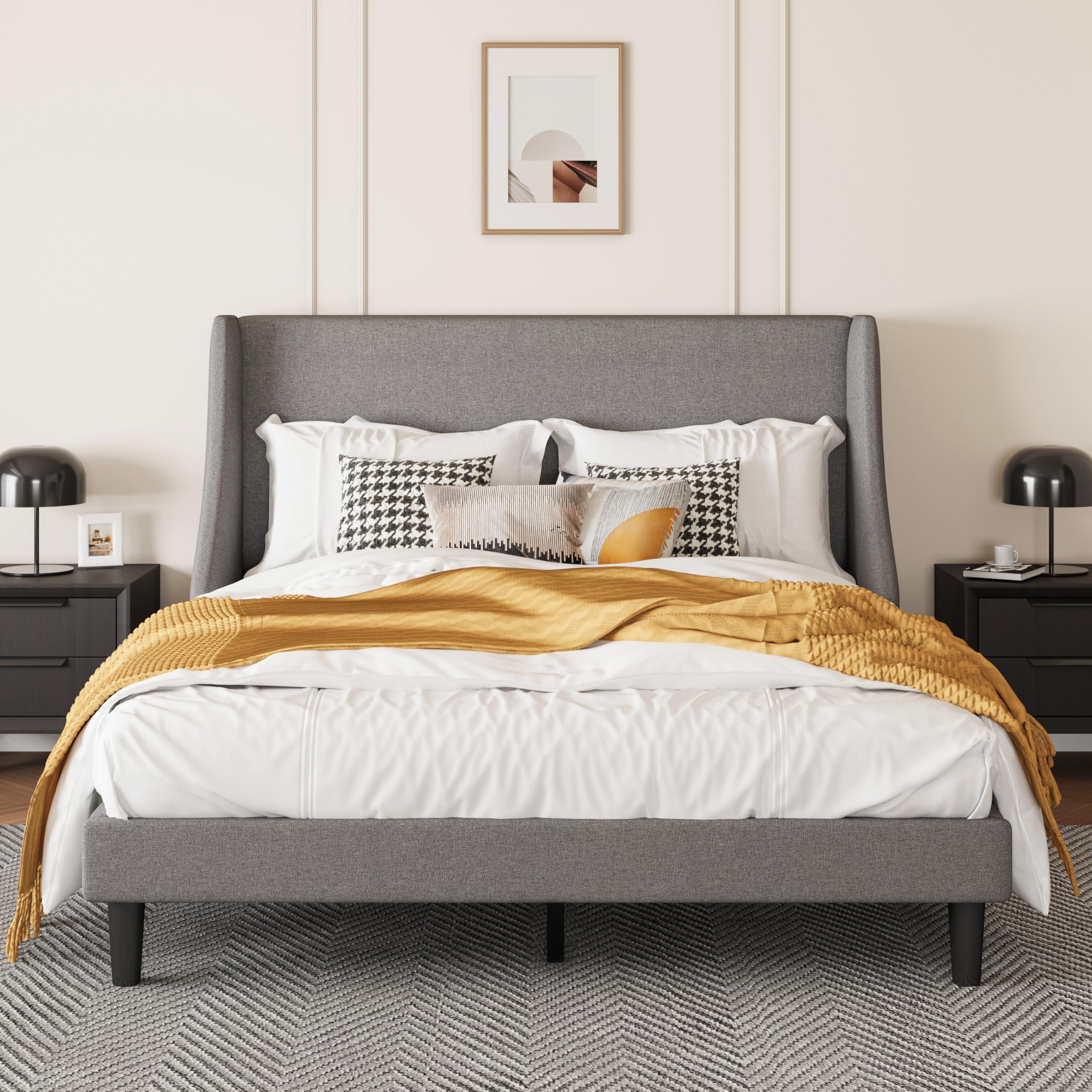 SHA CERLIN Upholstered Bed Frame Full Size with Streamlined Wingback Headboard, Breathable Linen Fabric, Solid Wooden Slats, Eas