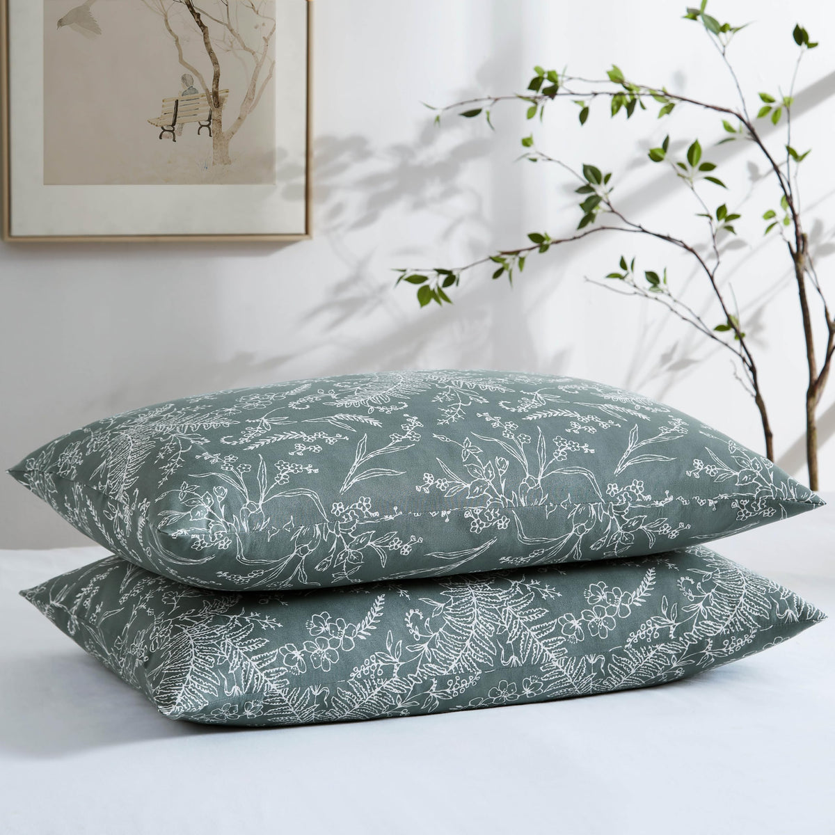 Southshore Fine Living, Inc. King Size Pillow Cases Set Of 2, Luxurious, Ultra-Soft Microfiber Floral Sage Green Pillowcases Kin