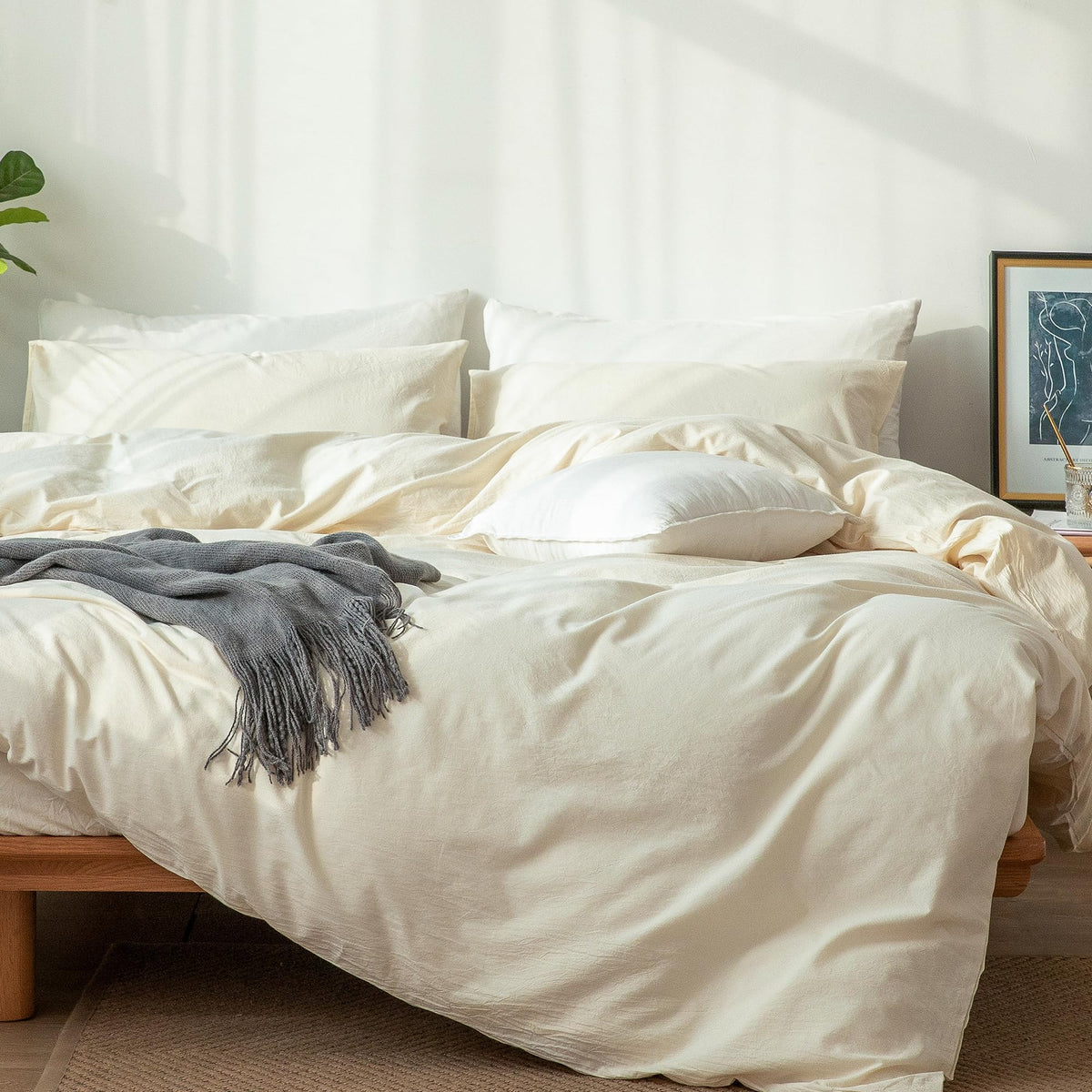 Moomee Bedding Duvet Cover Set 100% Washed Cotton Linen Like Textured Breathable Durable Soft Comfy (Cream White, Queen)