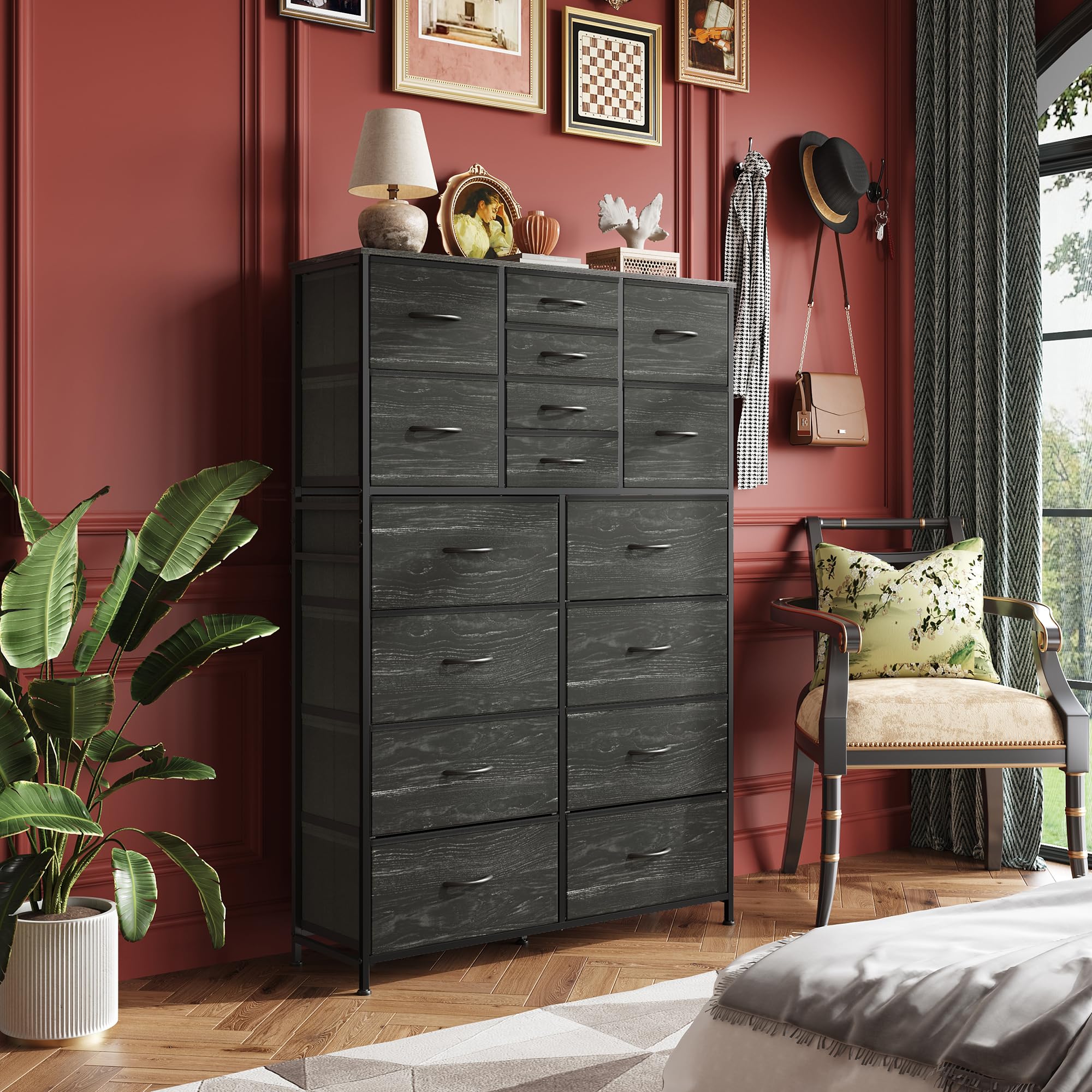 Wlive 16 Drawers Dresser, Tall Dresser For Bedroom, Closet, Hallway, Storage Dresser Organizer Unit, Large Dressers & Chests Of Drawers With Fabric Bins, Charcoal Black Wood Grain Print
