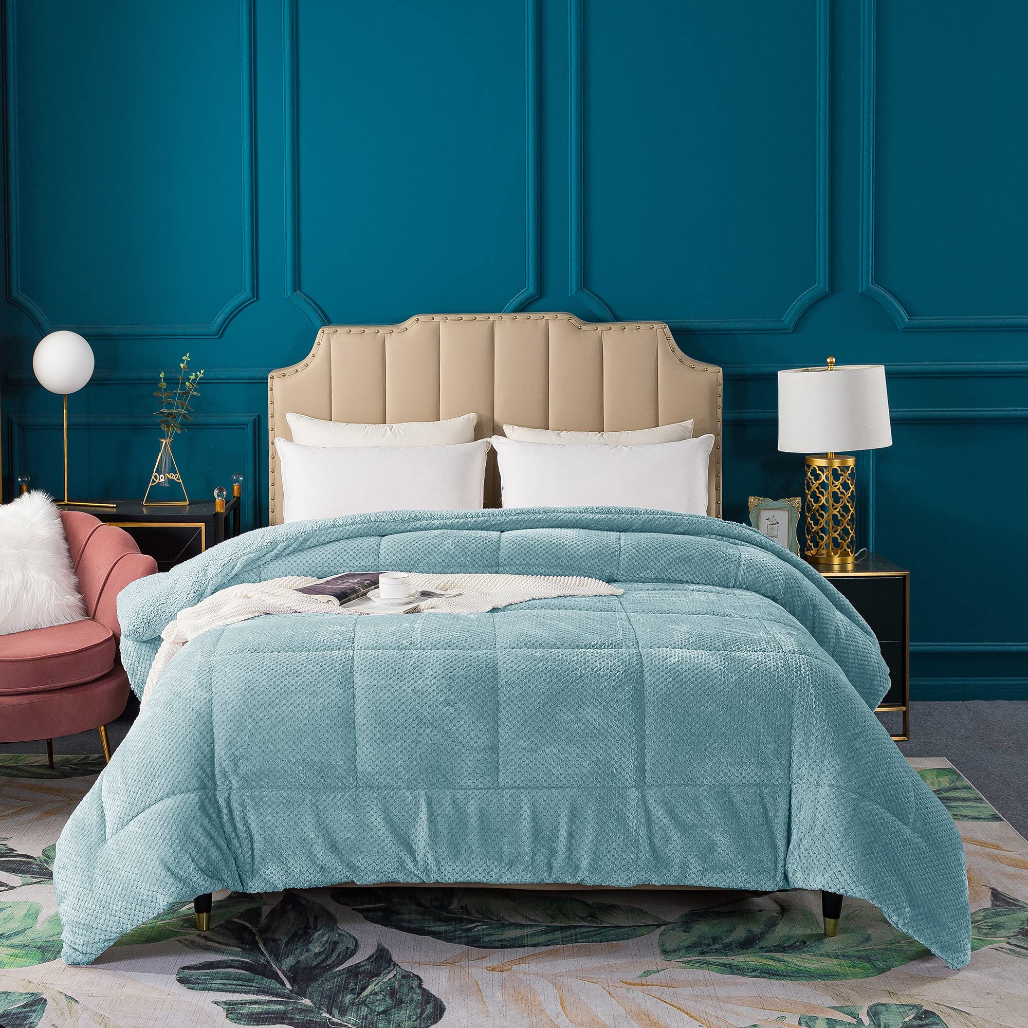 Kasentex Super Ultra Soft Luxury Plush Sherpa Comforter Queen Size, Cozy Reversible Faux Fur Machine Washable Bedding, Cloud Blu