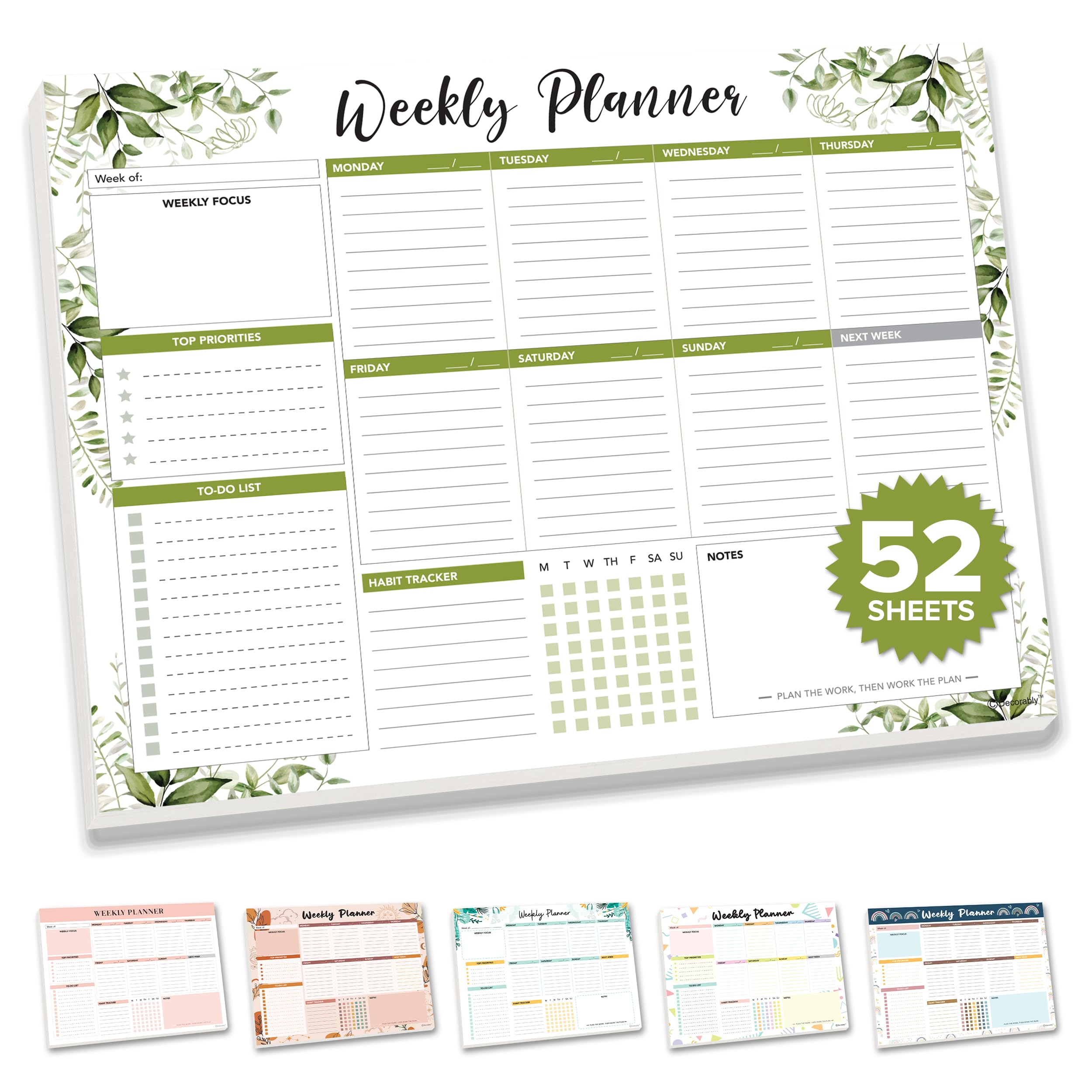 Decorably 52 Sheets Forest Green Undated Weekly Planner Pad, 11x8.5in, Easy Tear-Off, To-Do List, Habit Tracker, Agenda, Notes