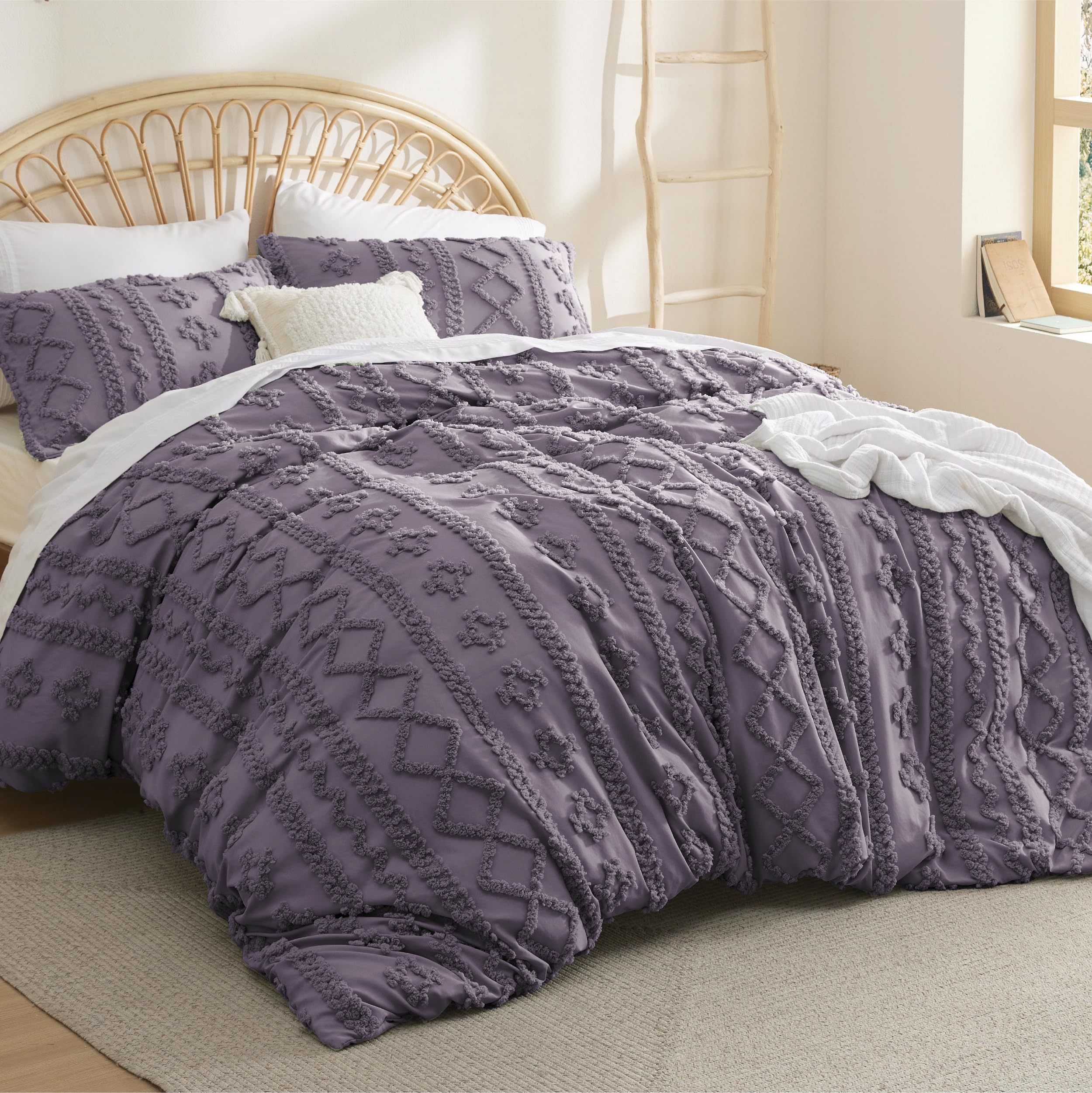 Bedsure Boho Duvet Cover King Size - Tufted Duvet Cover King Size For All Seasons, 3 Pieces Soft Shabby Chic Embroidery Boho Bedding Duvet Cover For Gifts (Grayish Purple, King, 104X90)
