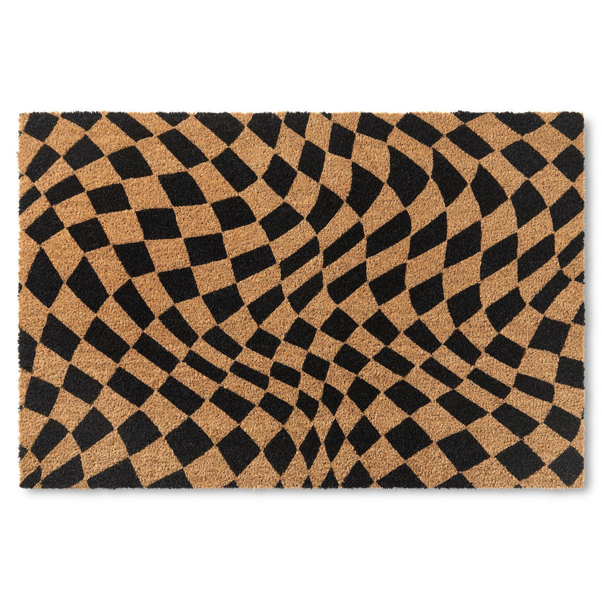 Town & Country Terra Emmett Groovy Checkerboard Door Mat, Natural Coir, Heavyweight, Non-Slip Entryway Mat, Black, 24'X36'