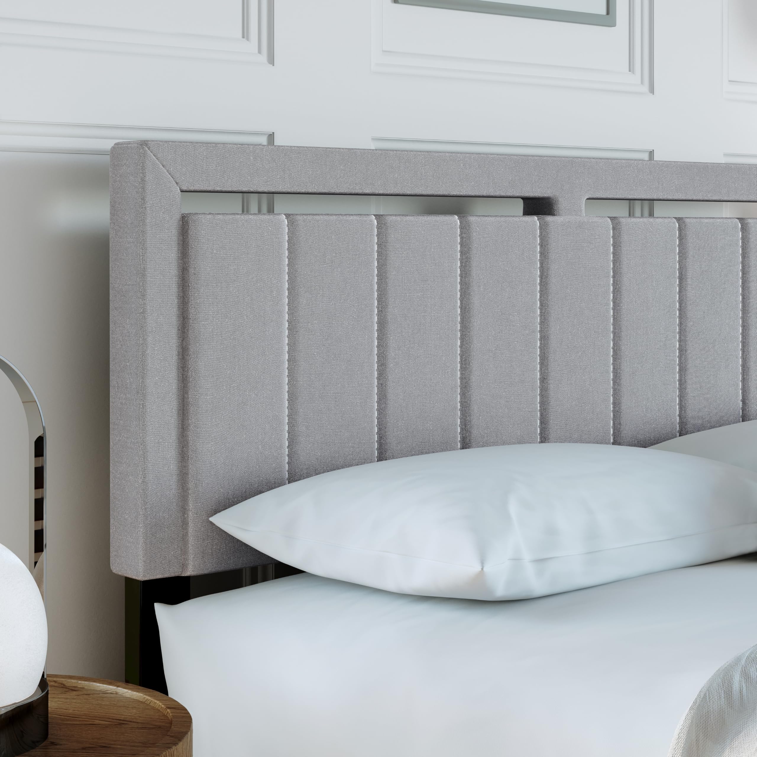 Boyd Sleep Beaumont Upholstered Platform Bed with Headboard, Mattress Foundation with Strong 14 Wood Slat Supports, No Box Spring Required, Gray Linen, Size King