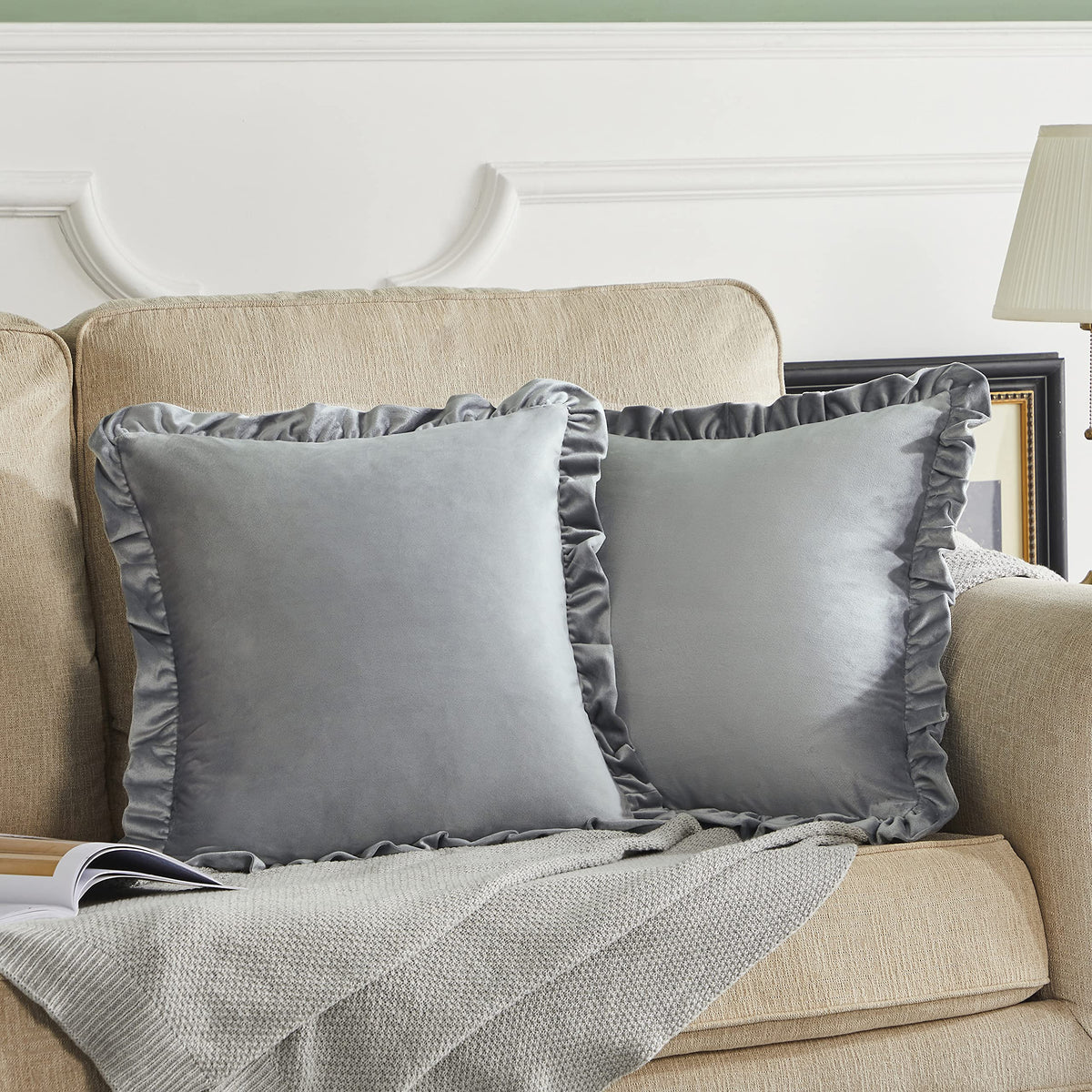 Gigizaza Grey 22X22 Luxury Pillow Covers, Set Of 2 Decorative Velvet Ruffle Cushion Pillow Covers For Sofa Couch