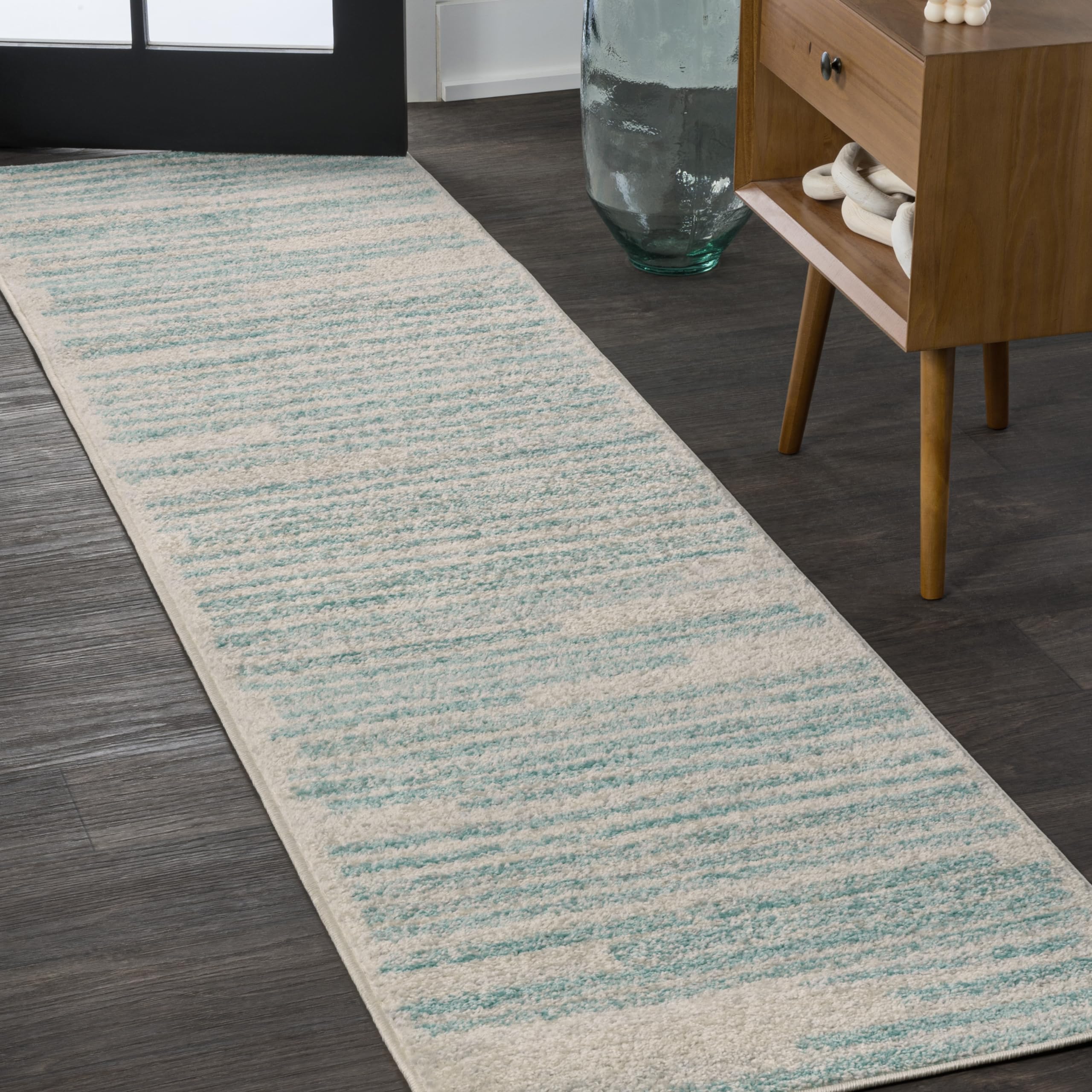 JONATHAN Y MOH207B-28 Khalil Modern Berber Stripe Cream/Turquoise 2 ft. x 8 ft. Runner Rug, Contemporary, Modern, Bohemian for H