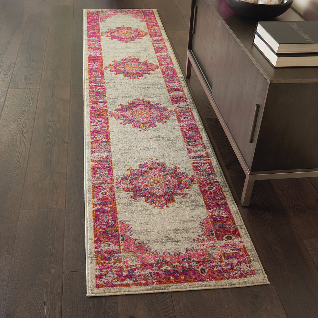 Nourison Passion Ivory/Fuchsia 2'2'' X 7'6'' Area-Rug, Boho, Traditional, Easy-Cleaning, Non Shedding, Bed Room, Living Room, Ha