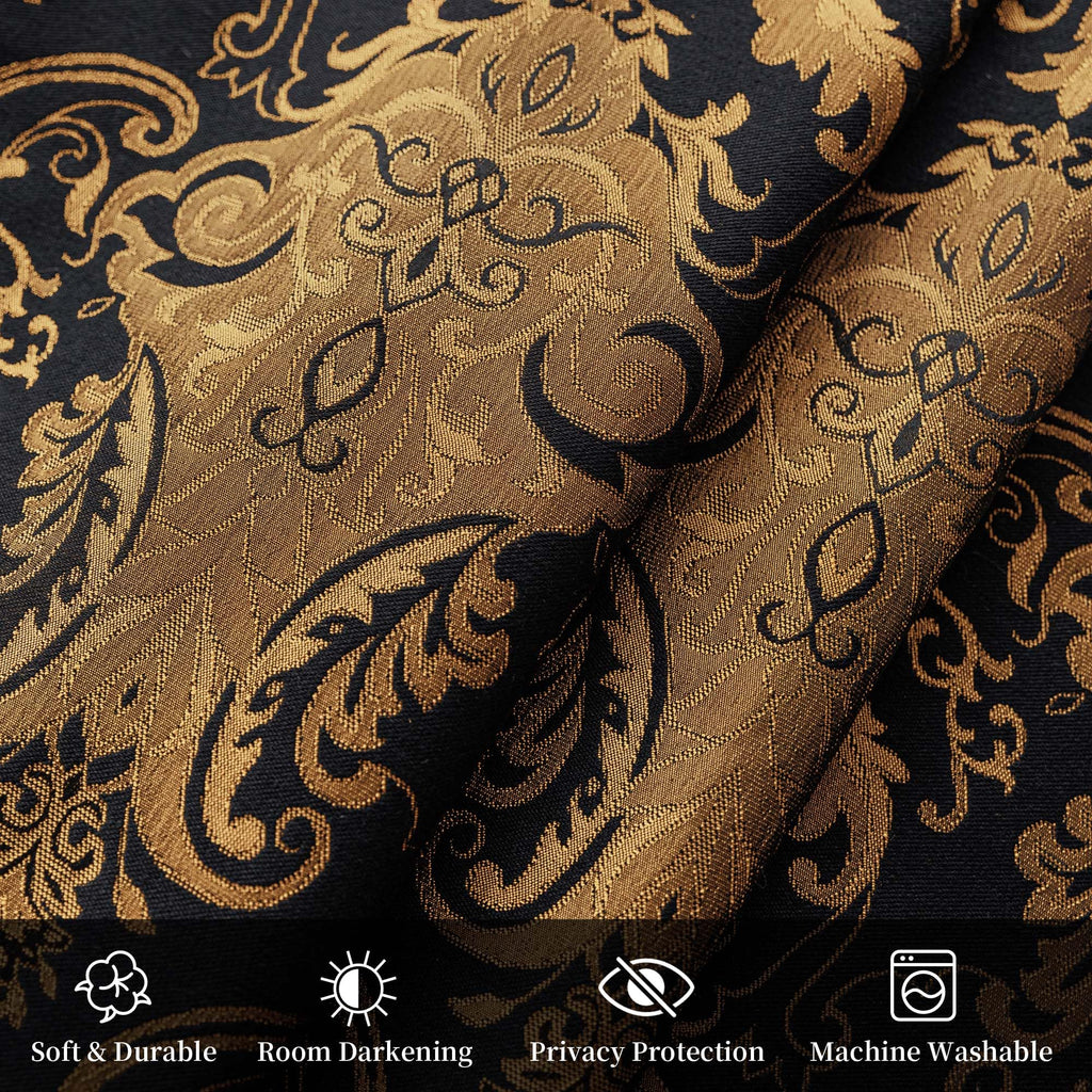 Loom And Mill Luxury Waterfall Valance For Living Room, Classic Damask Jacquard Swag Valances With Tassels, Balck Swag Curtains