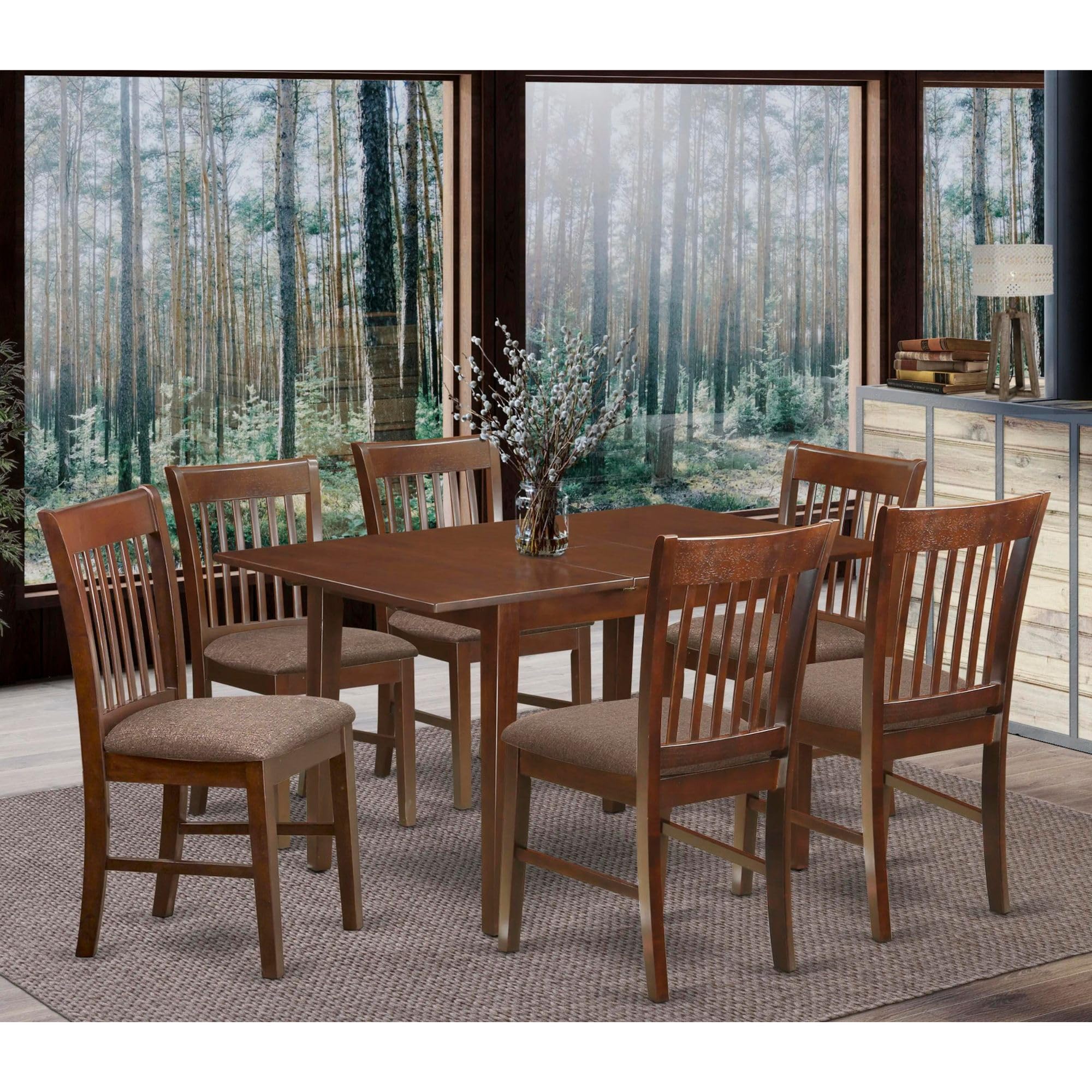 East West Furniture NOFK7-MAH-C 7 Piece Modern Dining Set Consist of a Rectangle Wooden Table with Butterfly Leaf and 6 Linen Fabric Upholstered Chairs, 32x54 Inch