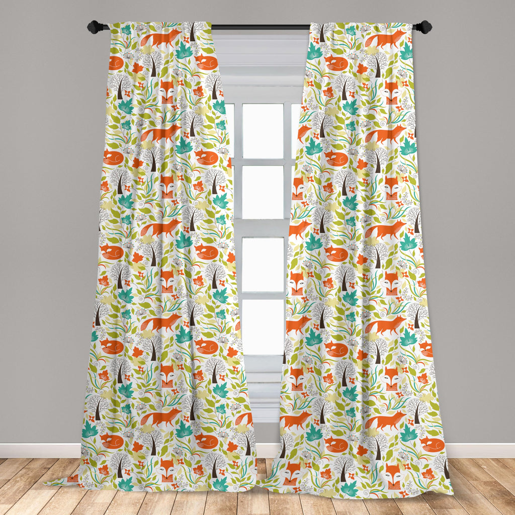 Ambesonne Cartoon Window Curtains, Wild Fox Wolf With Leaves Flowers And Leafless Trees Print, Lightweight Decorative Panels Set