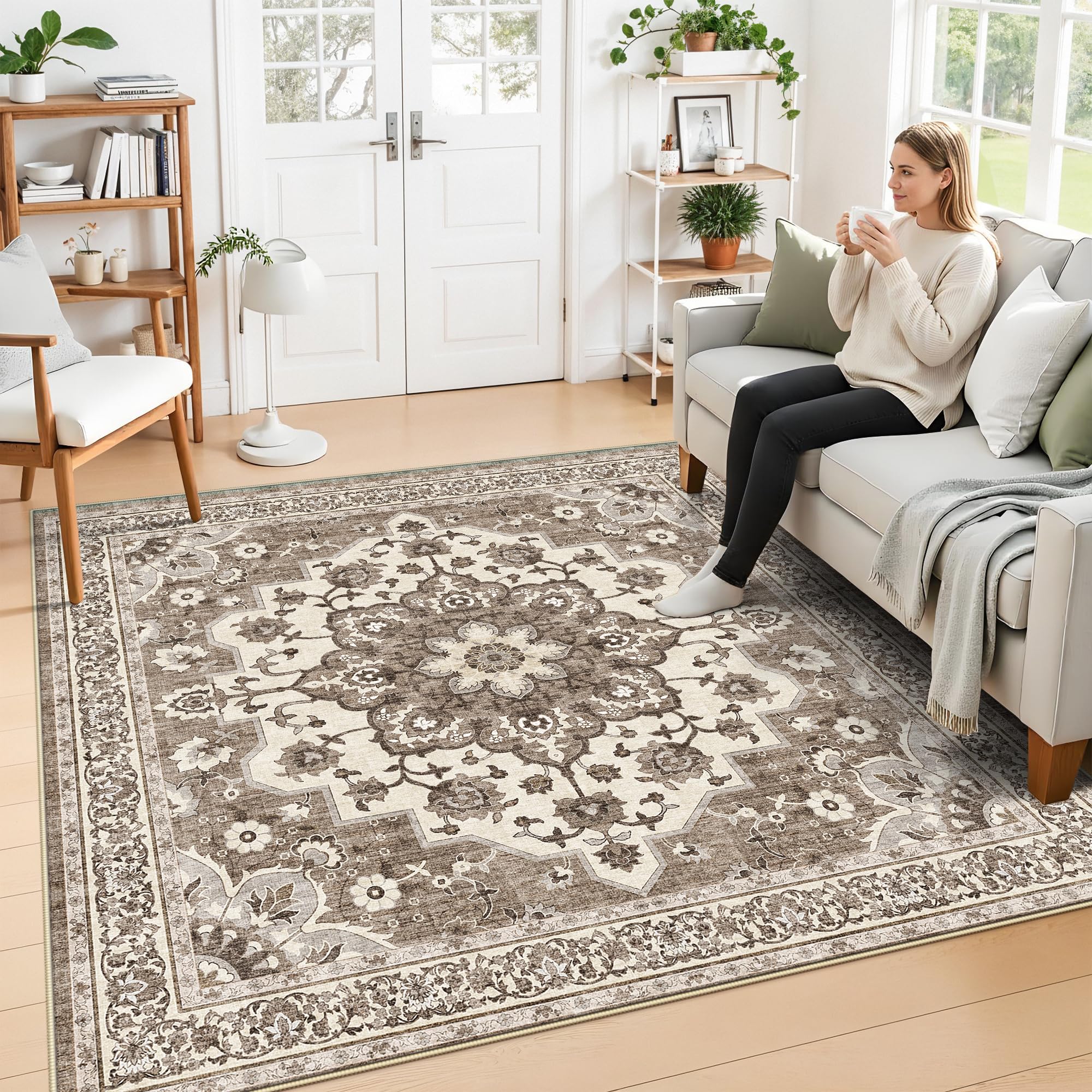 TOPRUUG Washable Oriental Area Rug - 8x8 Area Rugs for Living Room Bedroom Dining Room Under Kitchen Table - Non-Slip & Stain Re