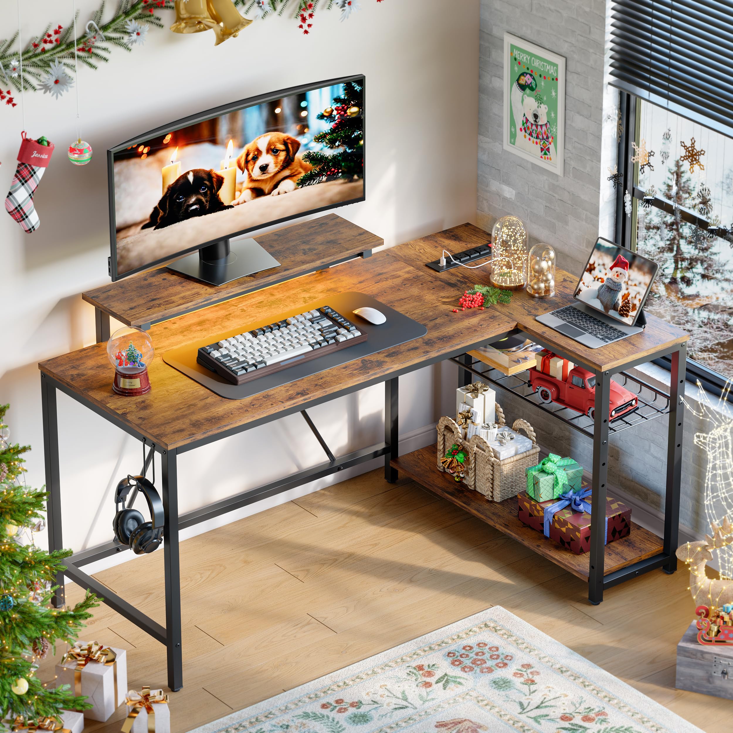 Bestier 58 L Shaped Desk With Power Outlets,Home Office Corner Desk With Reversible Shelves & Led Lights - Modern Simple Writing Study Desk For Small Space,Rustic Brown