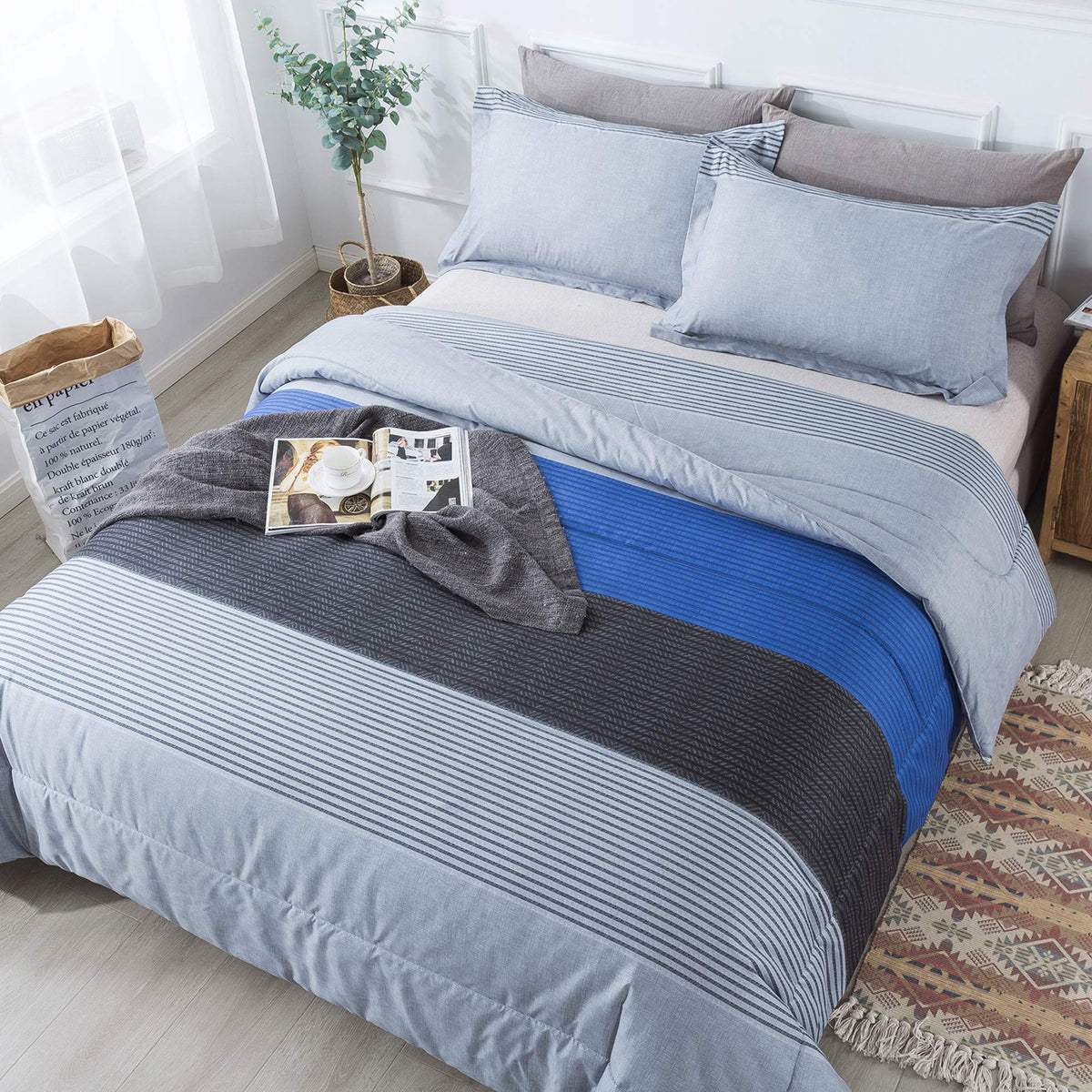 Andency Stripe Comforter Set Full Size (79X90 Inch), 3 Pieces Gray And Blue Patchwork Striped Comforter, Soft Microfiber Down Al