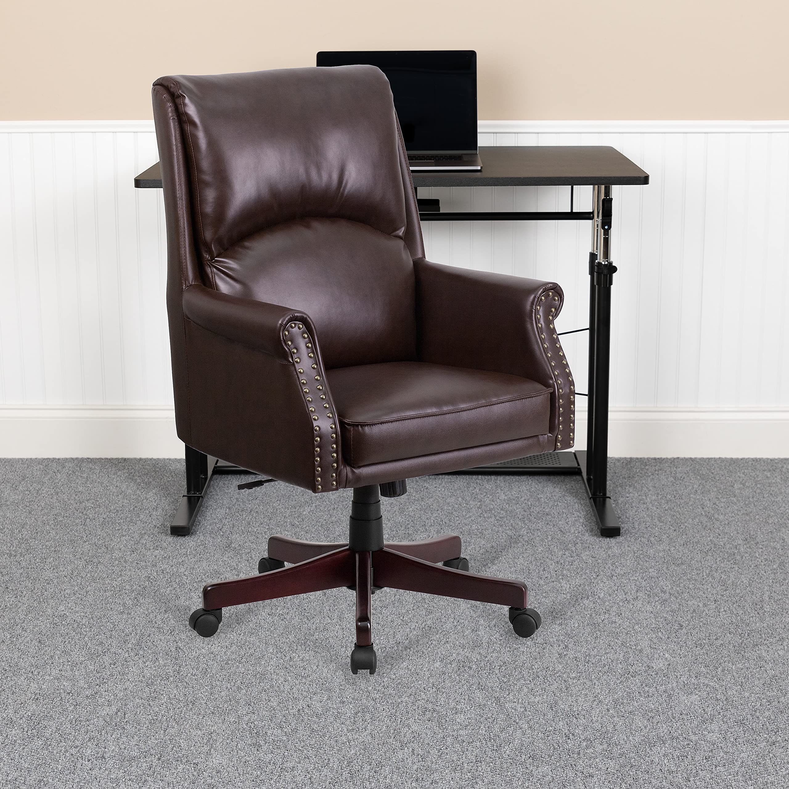 Flash Furniture Hansel High Back Pillow Back Brown LeatherSoft Executive Swivel Office Chair with Arms