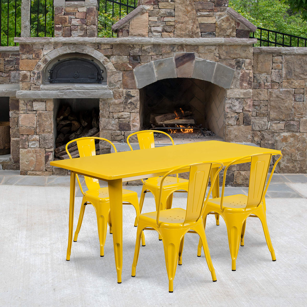 Flash Furniture Commercial Grade 31.5&quot; x 63&quot; Rectangular Yellow Metal Indoor-Outdoor Table Set with 4 Stack Chairs