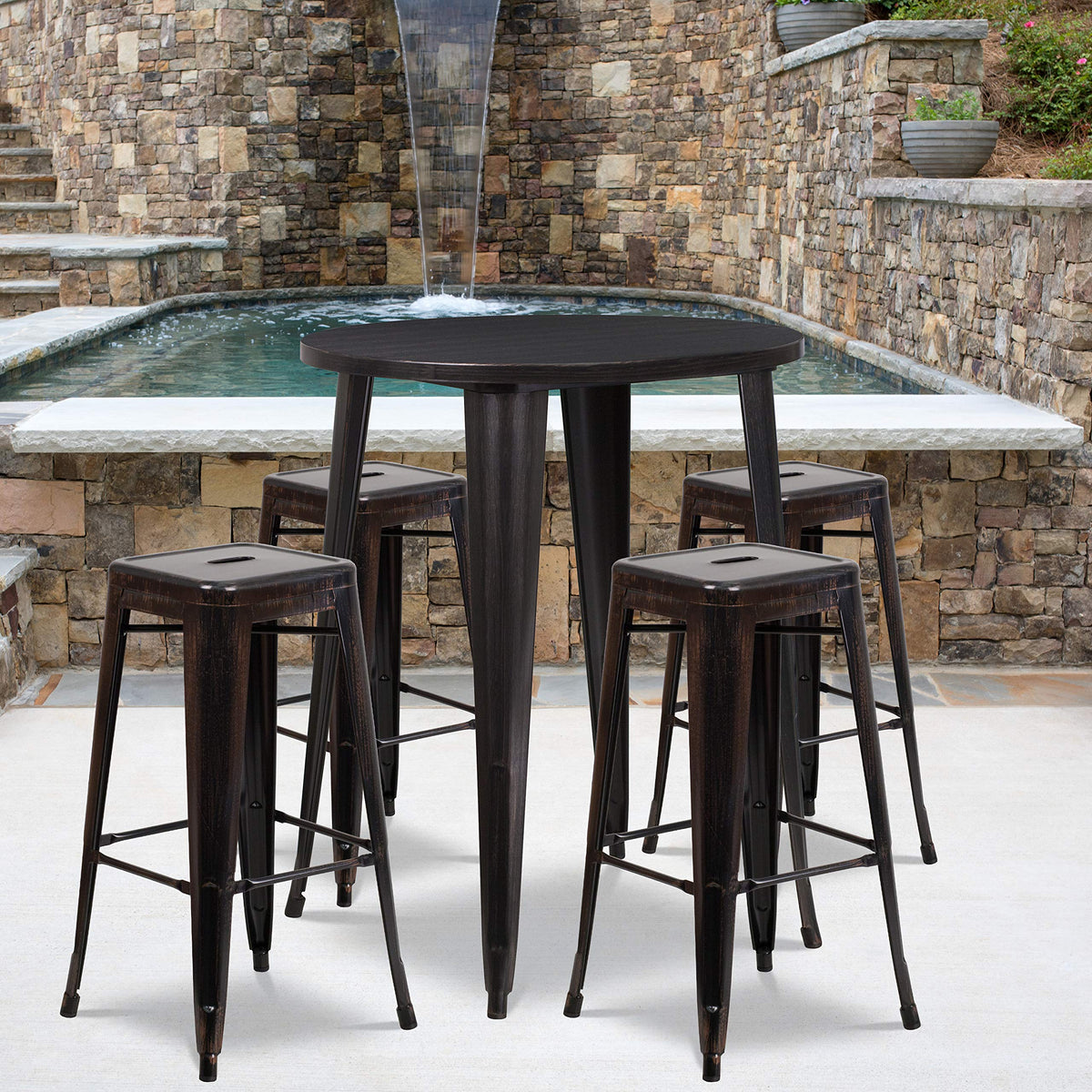 Flash Furniture Commercial Grade 30&quot; Round Black-Antique Gold Metal Indoor-Outdoor Bar Table Set with 4 Square Seat Backless Stools