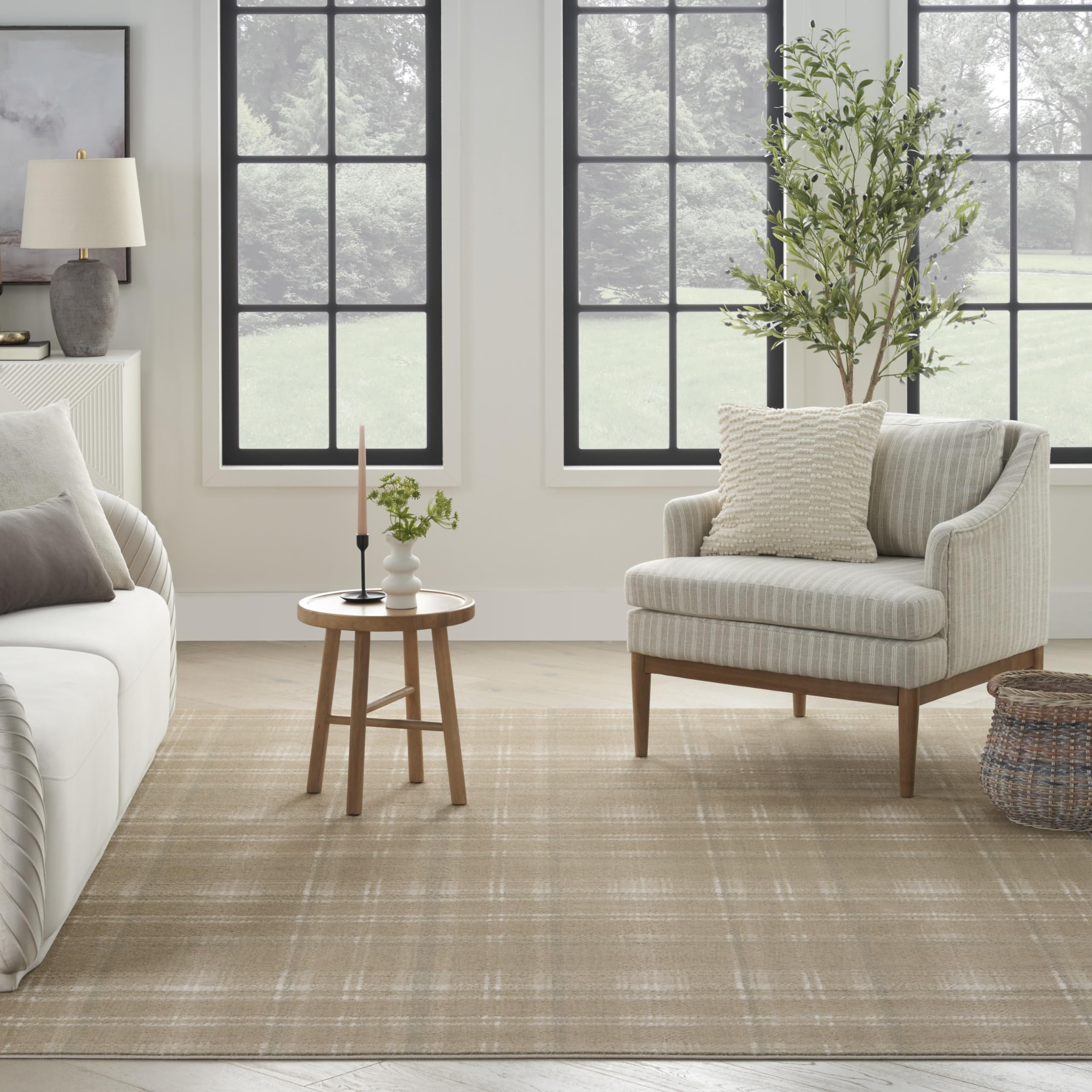 Nourison Grafix Plaid Taupe 5'3' X 7'3' Area Rug, Easy Cleaning, Non Shedding, Bed Room, Living Room, Dining Room, Kitchen (5X7)