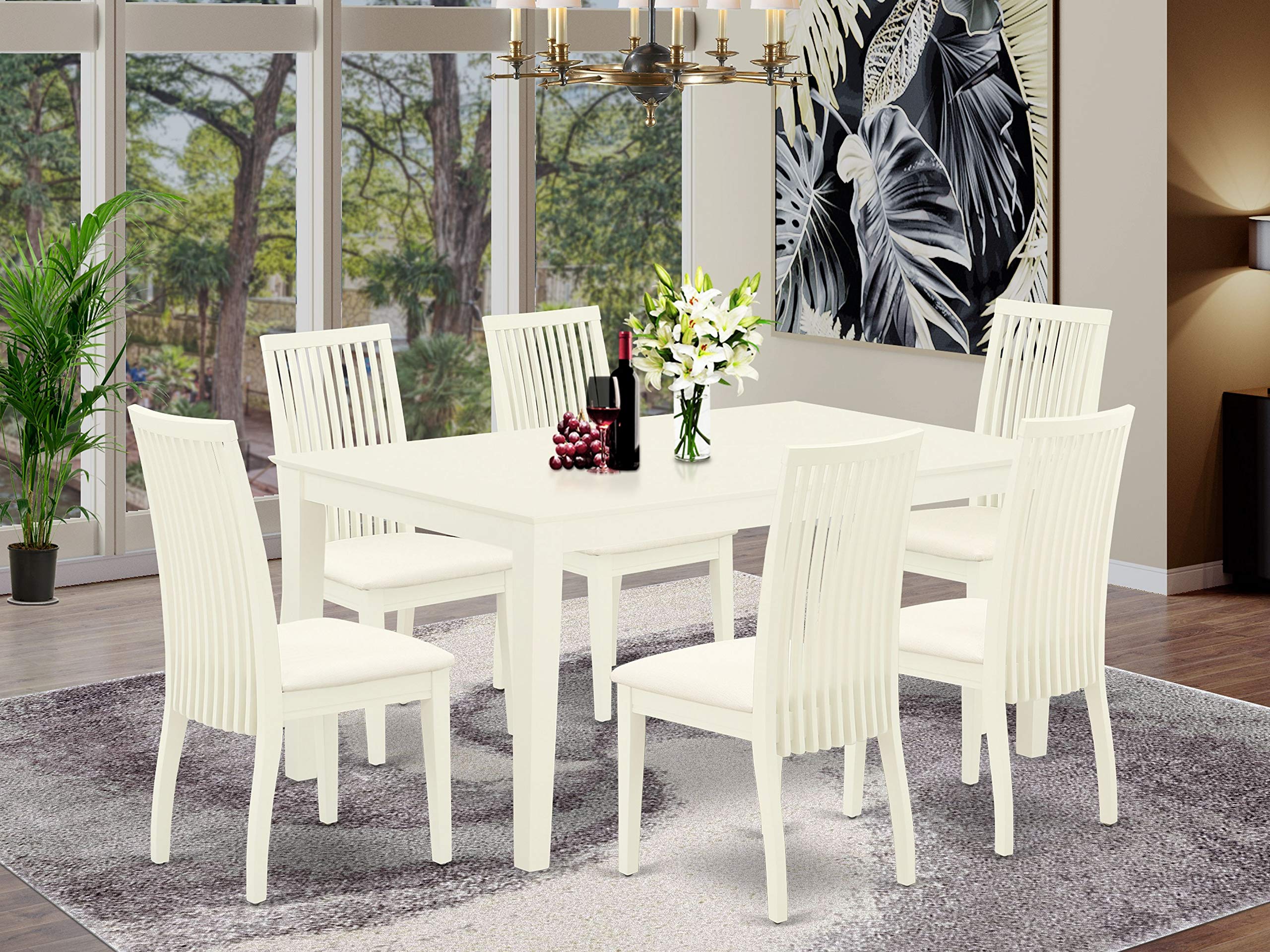 East West Furniture Caip7-Lwh-C 7 Piece Kitchen Table & Chairs Set Consist Of A Rectangle Dining Room Table And 6 Linen Fabric Upholstered Dining Chairs, 36X60 Inch, Linen White