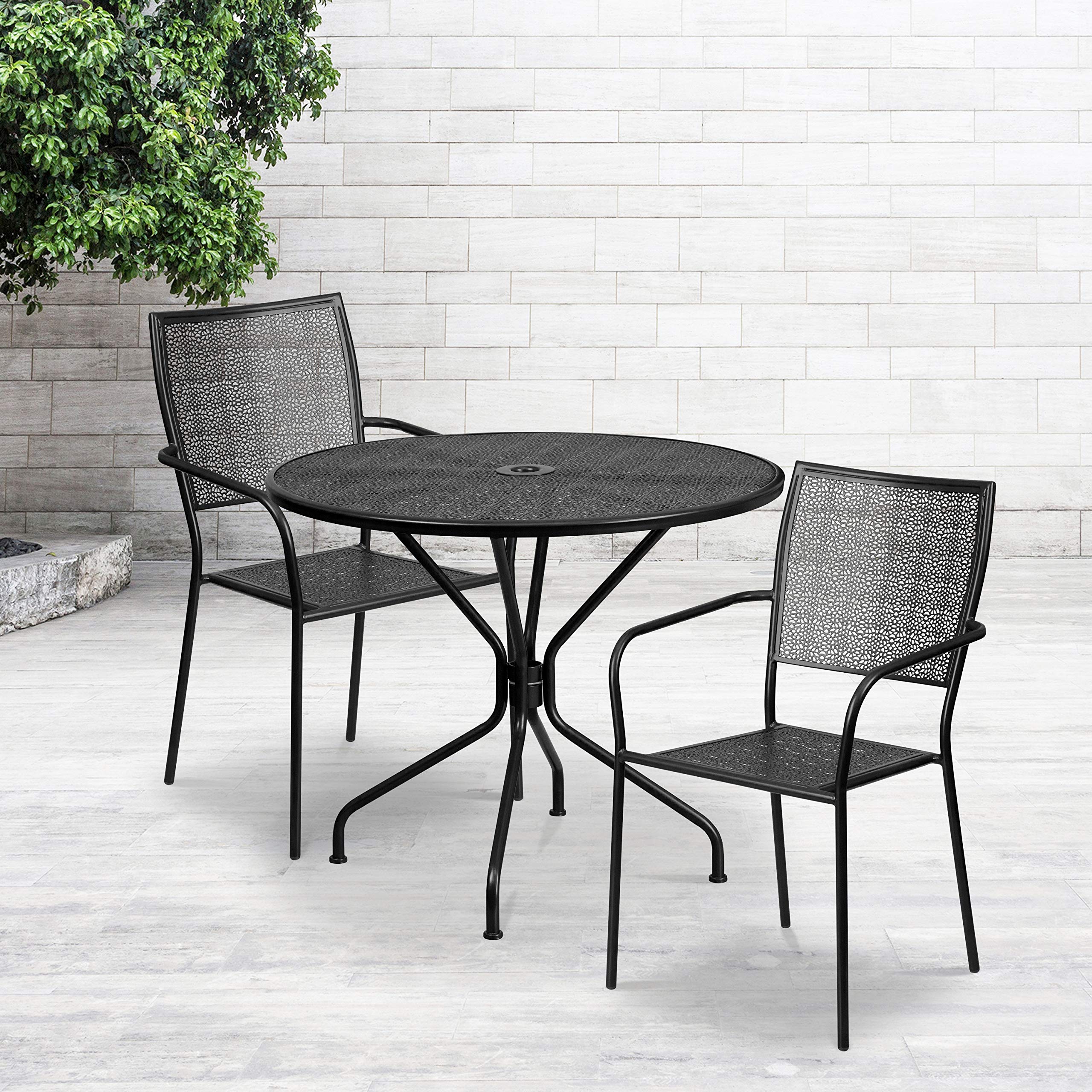 Flash Furniture Commercial Grade 35.25' Round Black Indoor-Outdoor Steel Patio Table Set With 2 Square Back Chairs