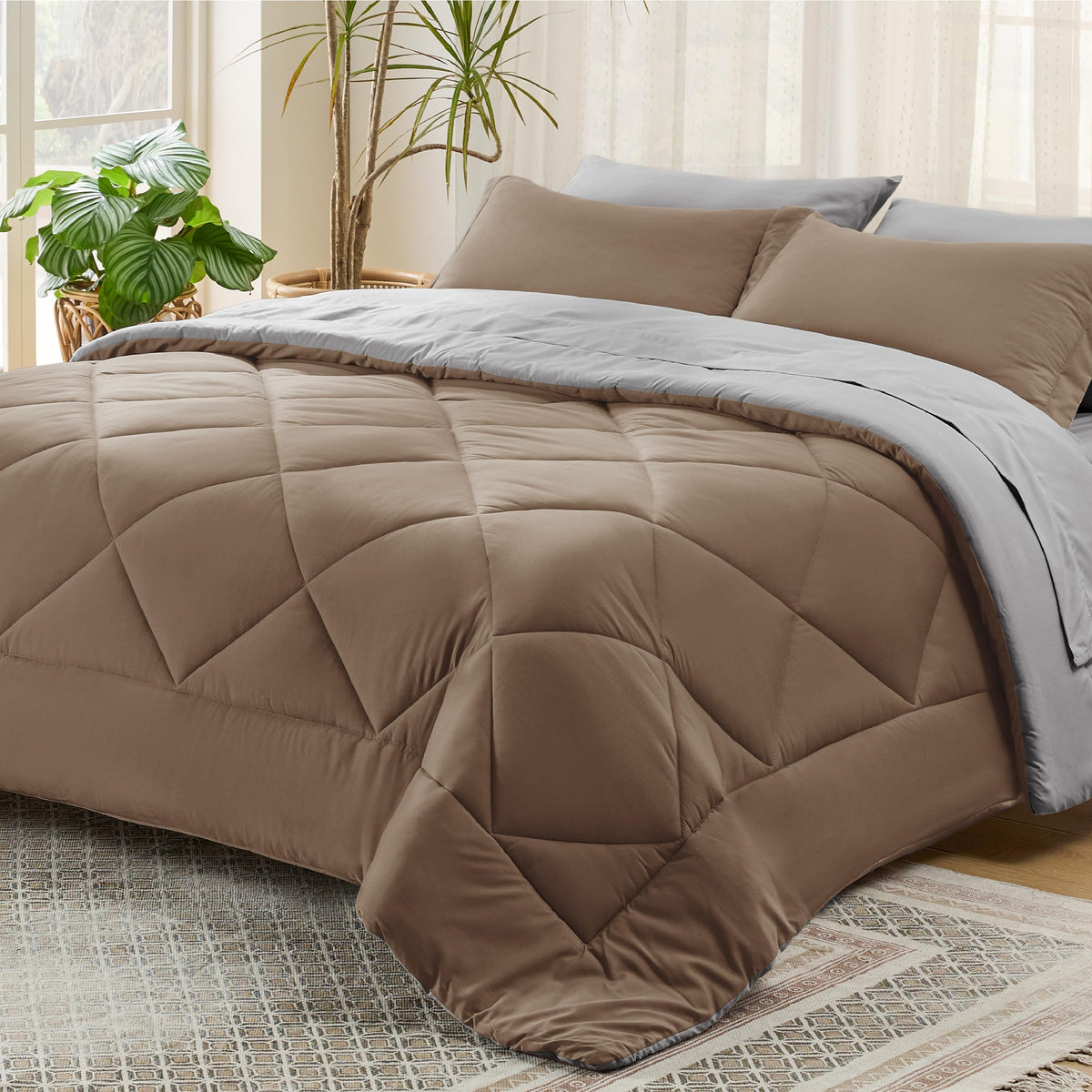 Bedsure Brown King Size Comforter Set - 7 Pieces Reversible King Bed In A Bag, King Bed Set Brown And Grey With Comforters, Shee